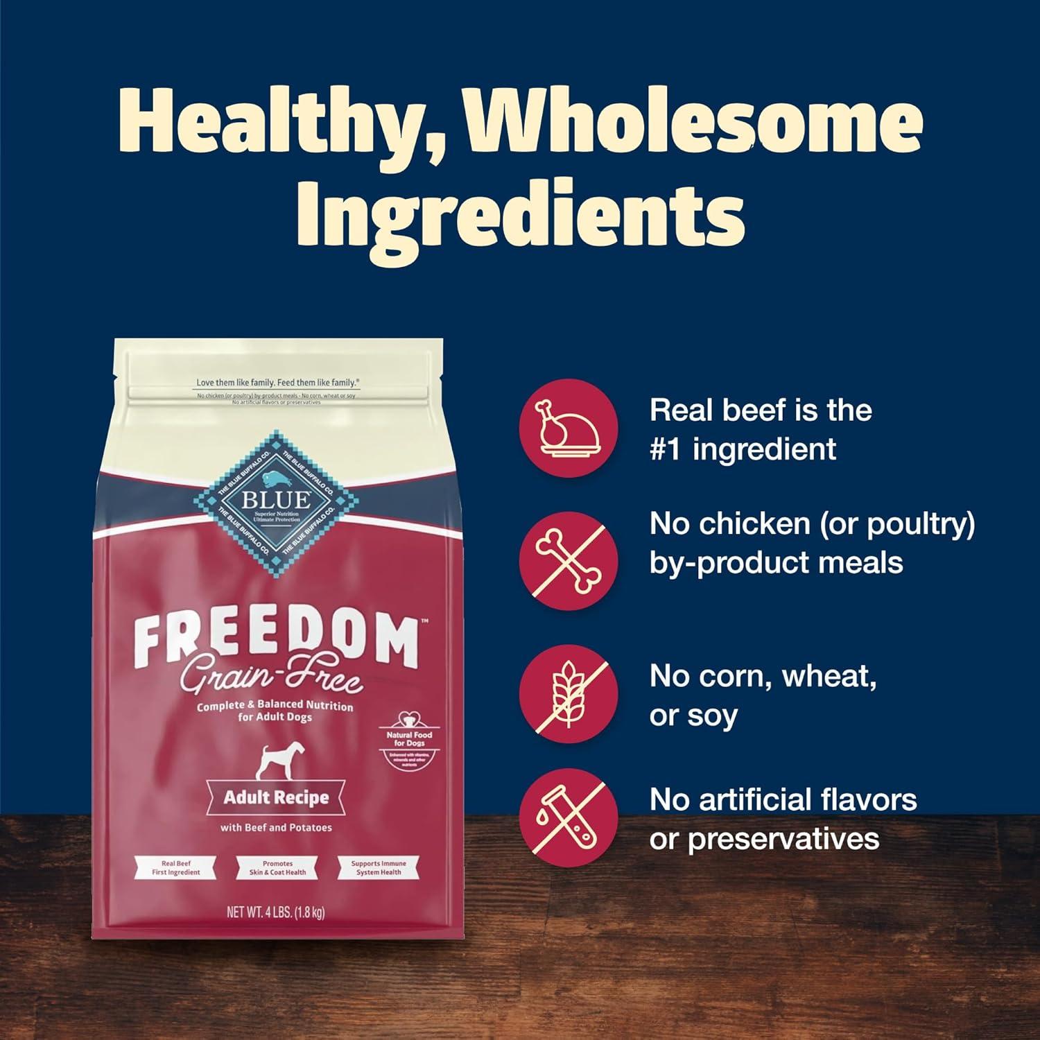 imageBlue Buffalo Freedom GrainFree Dry Dog Food Complete amp Balanced Nutrition for Adult Dogs Made in the USA with Natural Ingredients Beef amp Potatoes 4lb Bag4 Pound Pack of 1