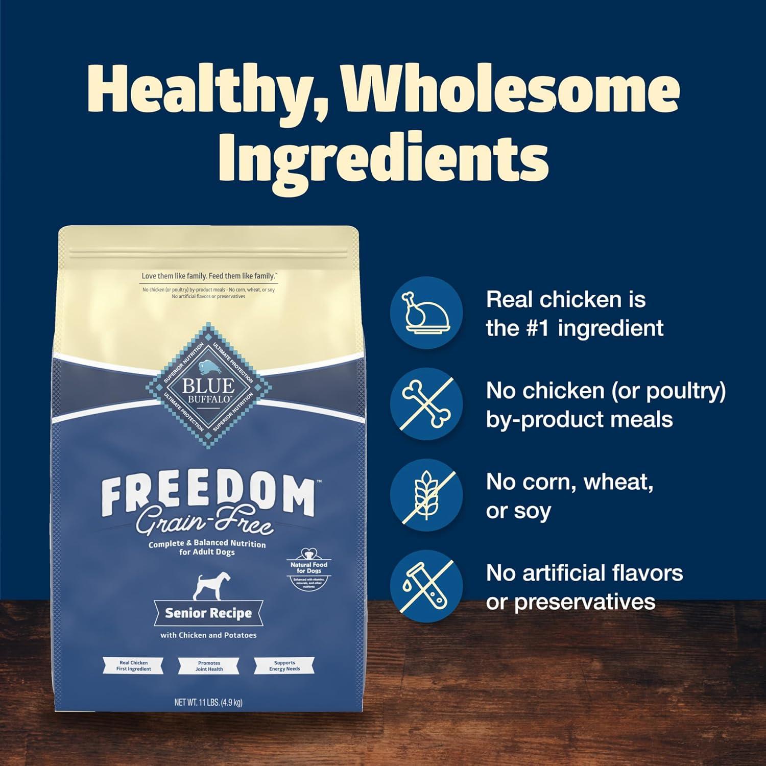 imageBlue Buffalo Freedom GrainFree Senior Dry Dog Food Provides Energy to Stay Active Made in the USA with Natural Ingredients Chicken amp Potatoes 4lb BagChicken