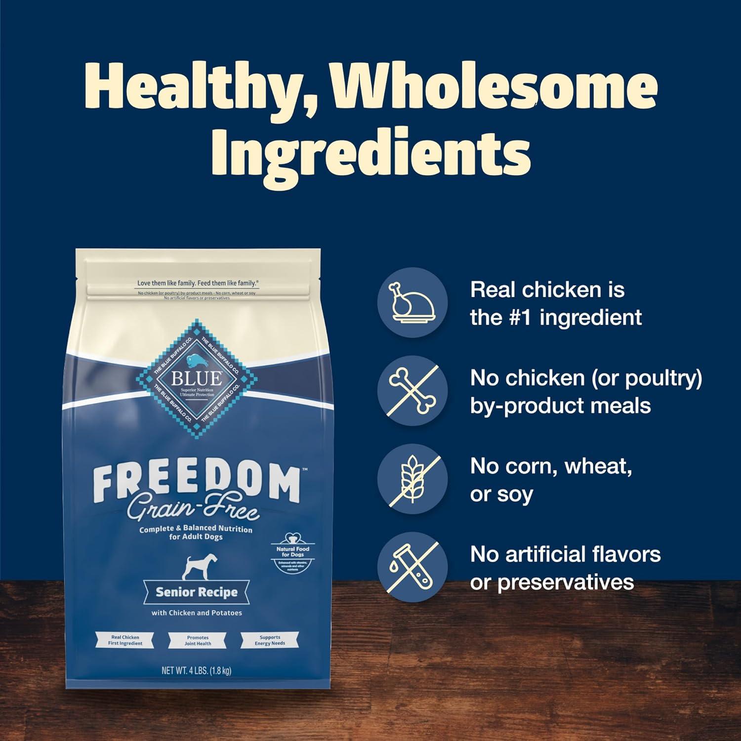 imageBlue Buffalo Freedom GrainFree Senior Dry Dog Food Provides Energy to Stay Active Made in the USA with Natural Ingredients Chicken amp Potatoes 4lb BagChicken