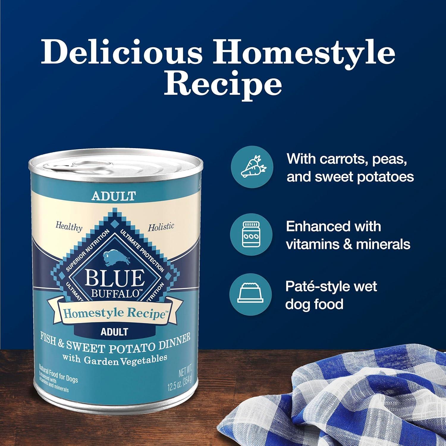 imageBlue Buffalo Homestyle Recipe Adult Wet Dog Food Made with Natural Ingredients Fish amp Sweet Potato Dinner with Garden Vegetables 125oz can Pack of 12Fish Sweet Potato