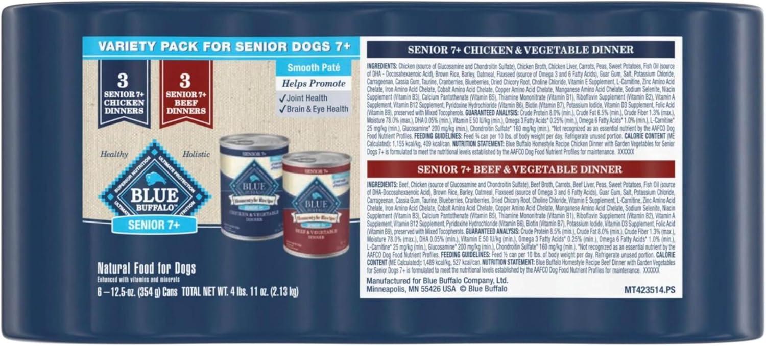 imageBlue Buffalo Homestyle Recipe Senior Wet Dog Food Made with Natural Ingredients Chicken Dinner with Garden Vegetables 125oz Cans 12 CountChicken Beef