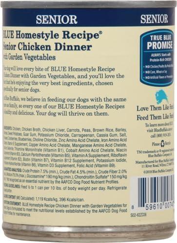 imageBlue Buffalo Homestyle Recipe Senior Wet Dog Food Made with Natural Ingredients Chicken Dinner with Garden Vegetables 125oz Cans 12 CountChicken