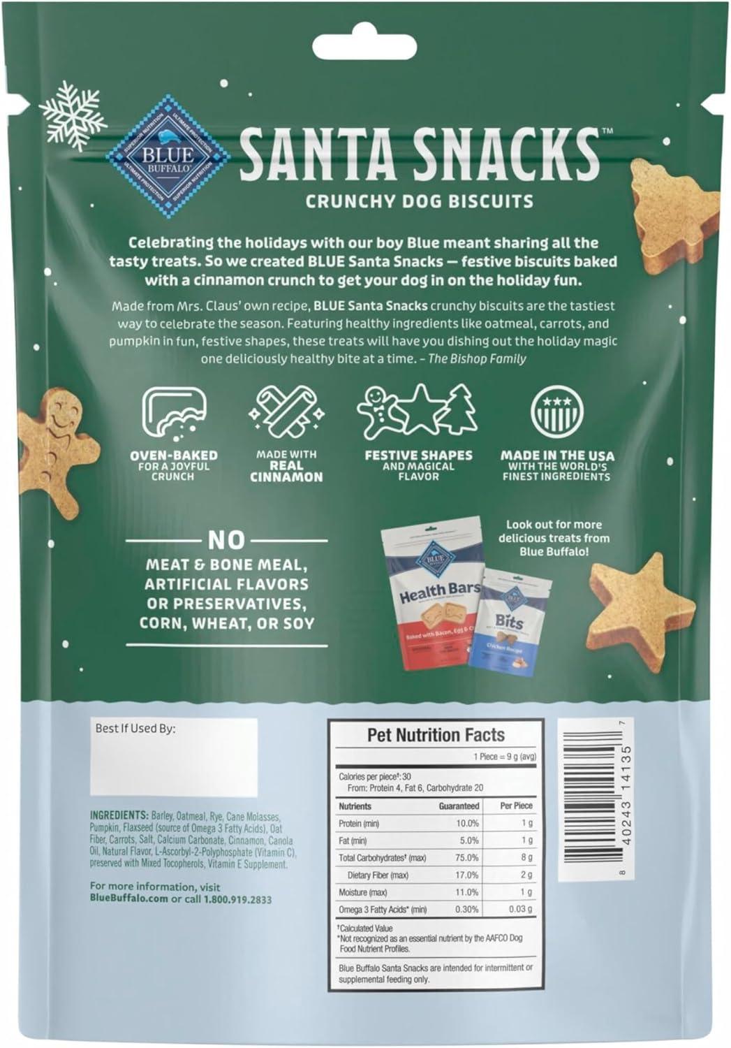 imageBlue Buffalo Santa Snacks Crunchy Dog Biscuits OvenBaked With Natural Ingredients Oatmeal amp Cinnamon 11oz Bag1 Count Pack of 1