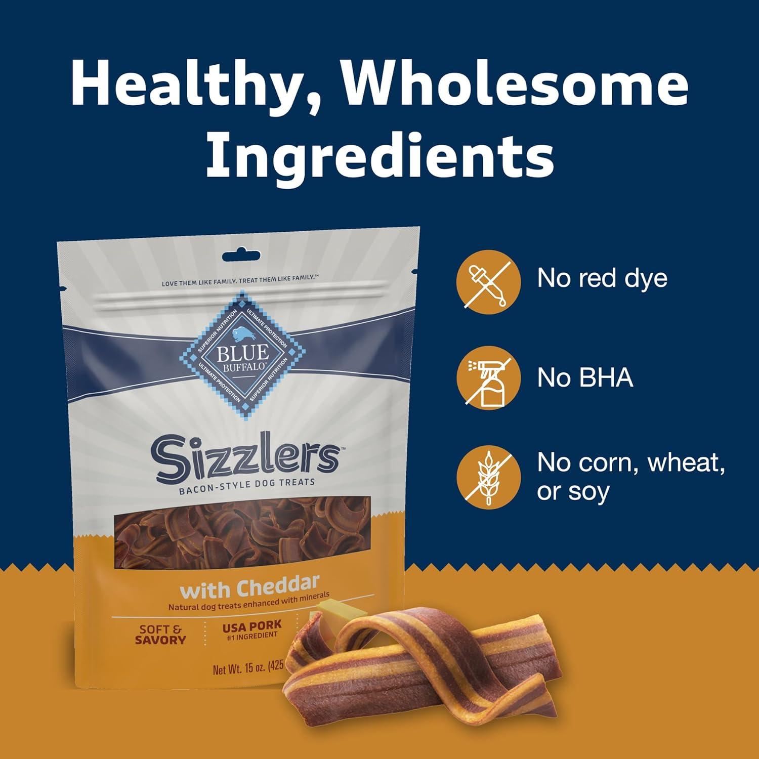 imageBlue Buffalo Sizzlers Natural Soft Dog Treats BaconStyle SoftMoist Dog Treats with Real USA Pork Original Flavor 6oz BagCheddar Pork