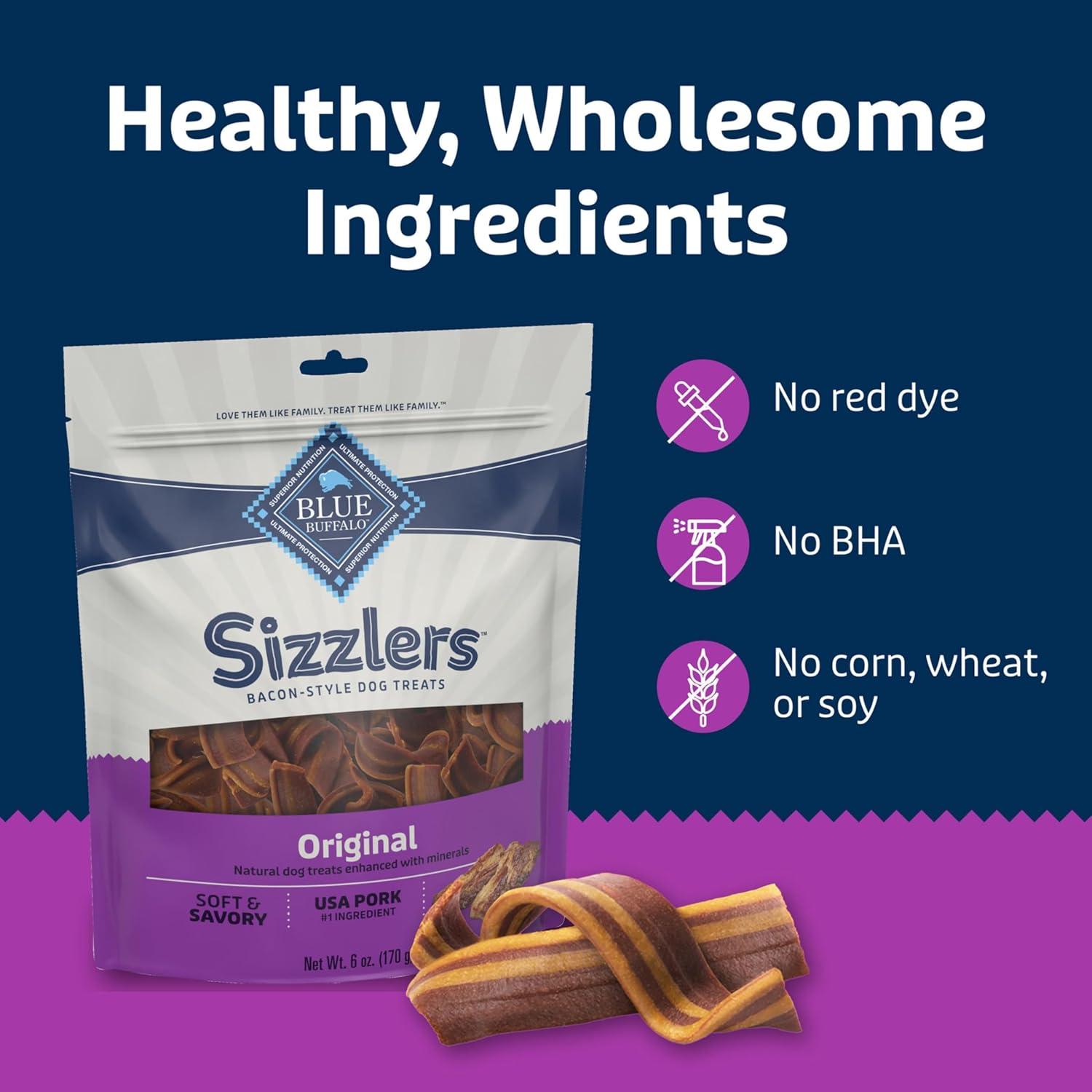 imageBlue Buffalo Sizzlers Natural Soft Dog Treats BaconStyle SoftMoist Dog Treats with Real USA Pork Original Flavor 6oz BagPork