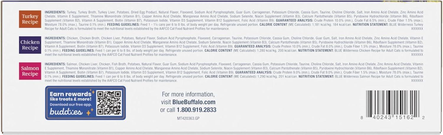 imageBlue Buffalo Tastefuls Flaked Wet Cat Food Variety Pack Made with Natural Ingredients Tuna Chicken Fish amp Shrimp 3oz Cans 12 Count 4 of EachChicken Salmon Turkey