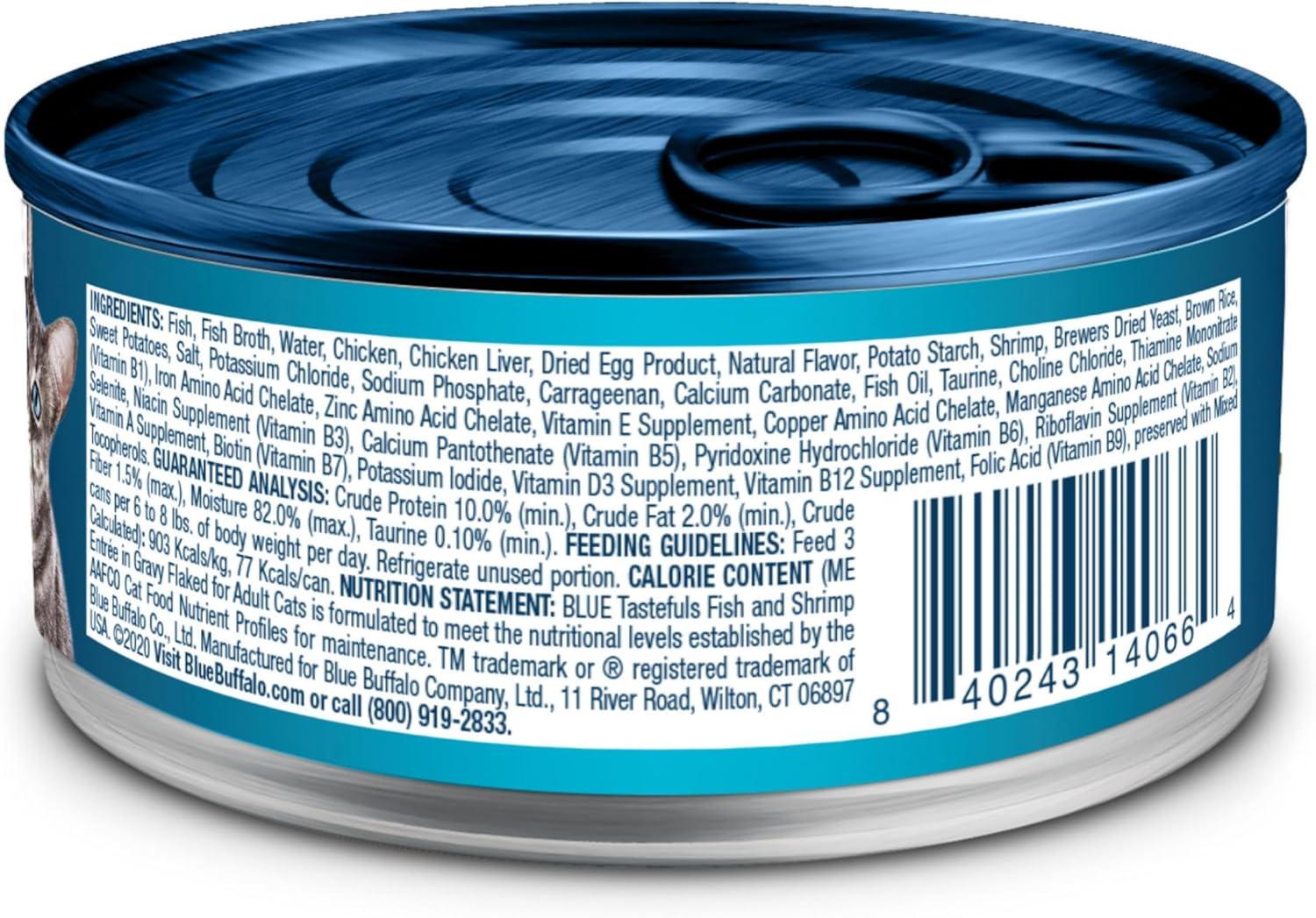 imageBlue Buffalo Tastefuls Flaked Wet Cat Food Variety Pack Made with Natural Ingredients Tuna Chicken Fish amp Shrimp 3oz Cans 12 Count 4 of EachFish Shrimp
