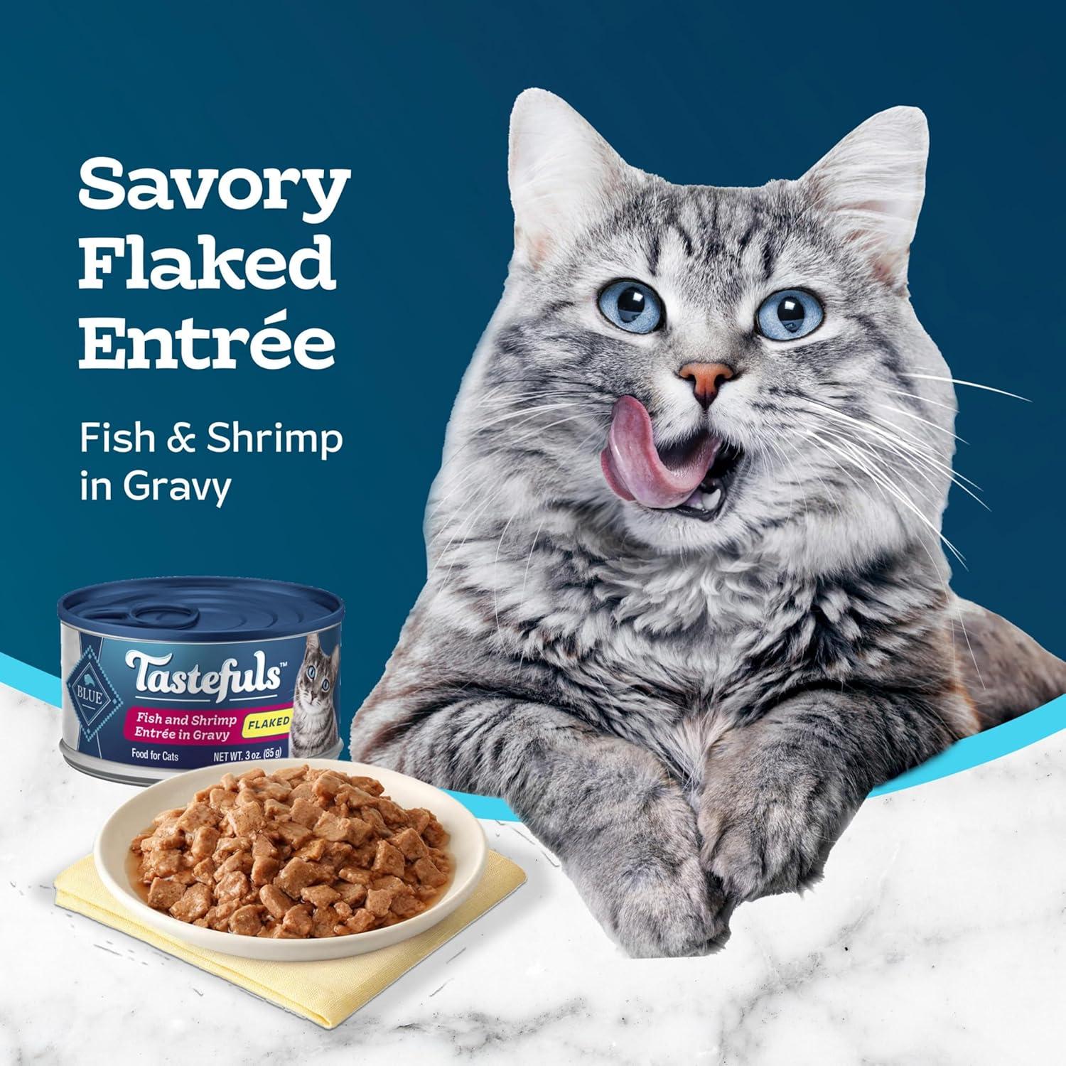 imageBlue Buffalo Tastefuls Flaked Wet Cat Food Variety Pack Made with Natural Ingredients Tuna Chicken Fish amp Shrimp 3oz Cans 12 Count 4 of EachFish Shrimp