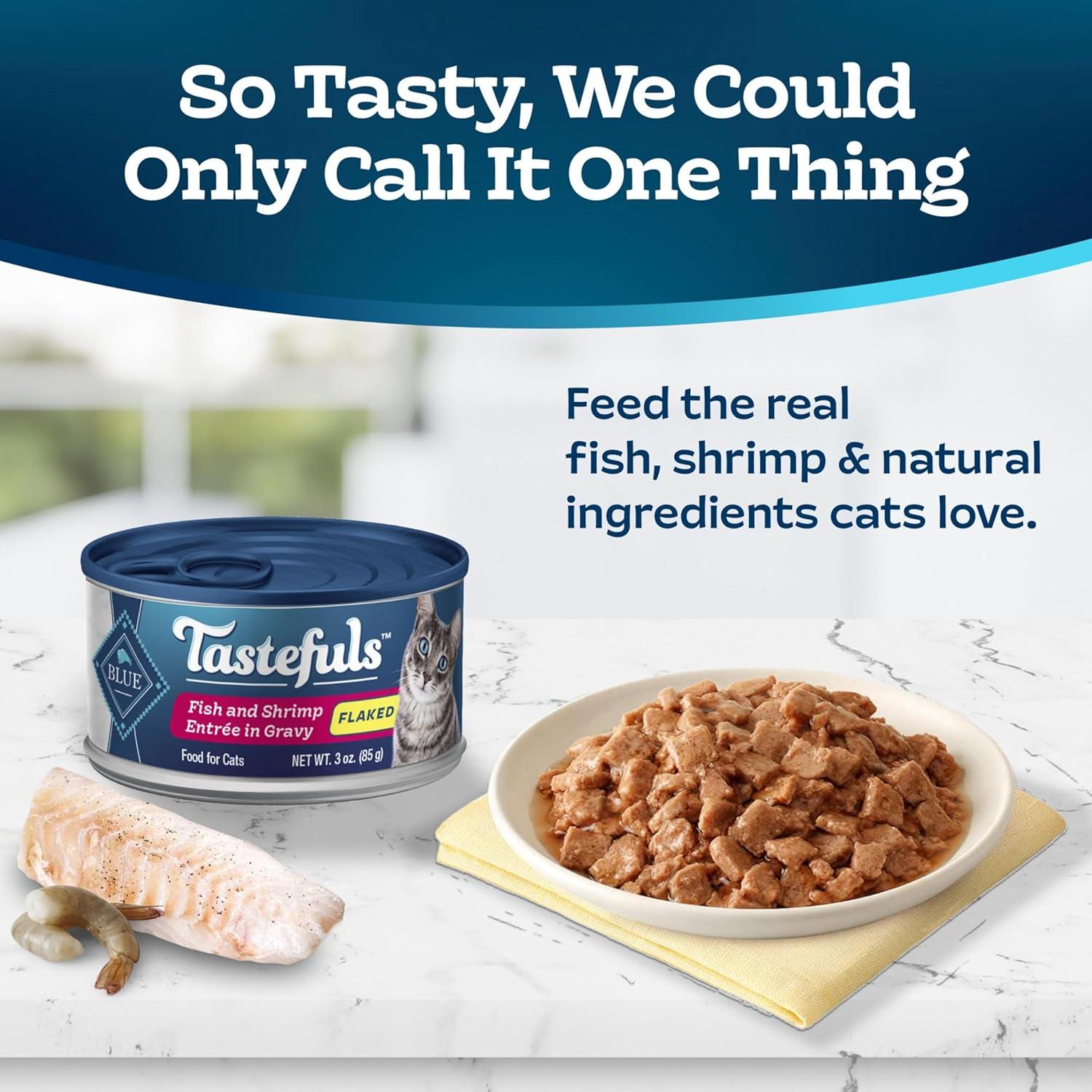 imageBlue Buffalo Tastefuls Flaked Wet Cat Food Variety Pack Made with Natural Ingredients Tuna Chicken Fish amp Shrimp 3oz Cans 12 Count 4 of EachFish Shrimp