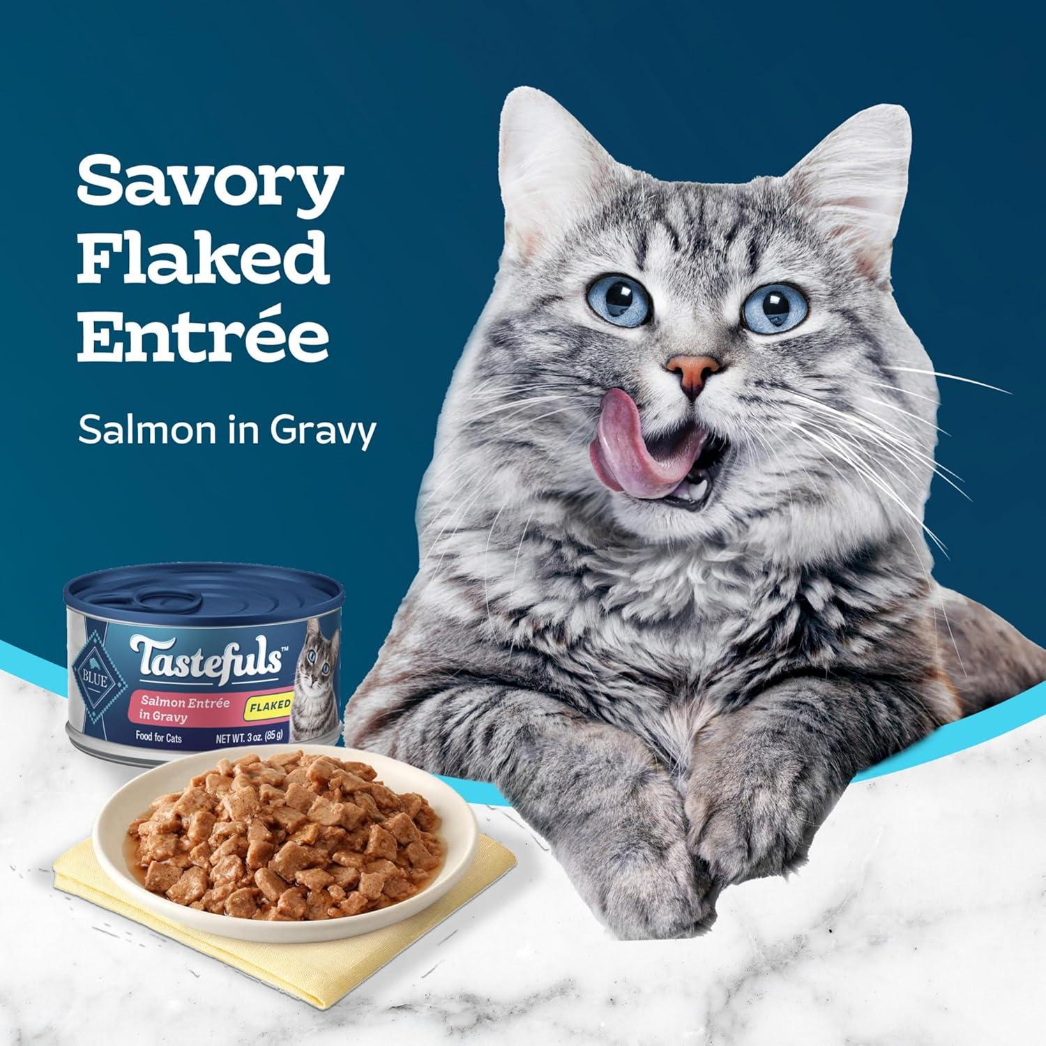 imageBlue Buffalo Tastefuls Flaked Wet Cat Food Variety Pack Made with Natural Ingredients Tuna Chicken Fish amp Shrimp 3oz Cans 12 Count 4 of EachSalmon
