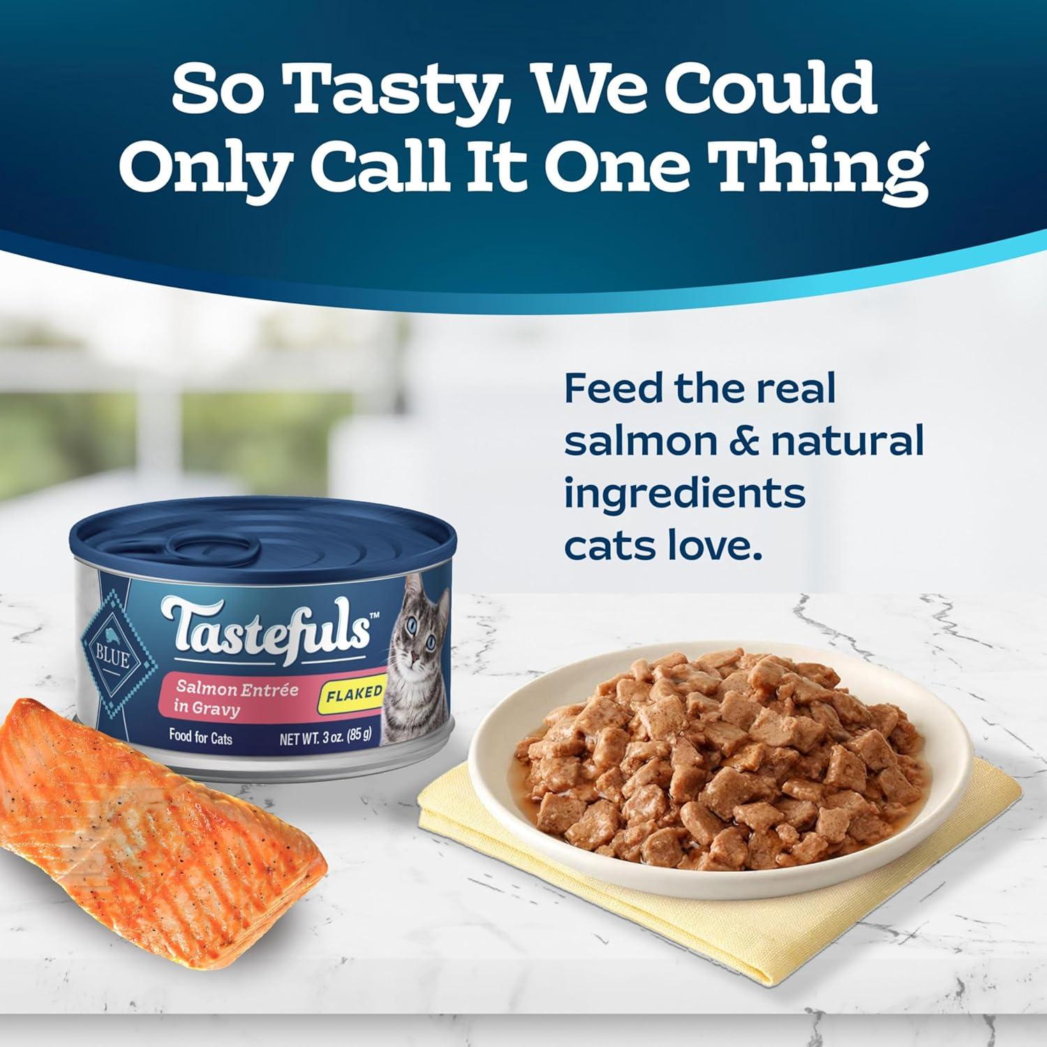 imageBlue Buffalo Tastefuls Flaked Wet Cat Food Variety Pack Made with Natural Ingredients Tuna Chicken Fish amp Shrimp 3oz Cans 12 Count 4 of EachSalmon