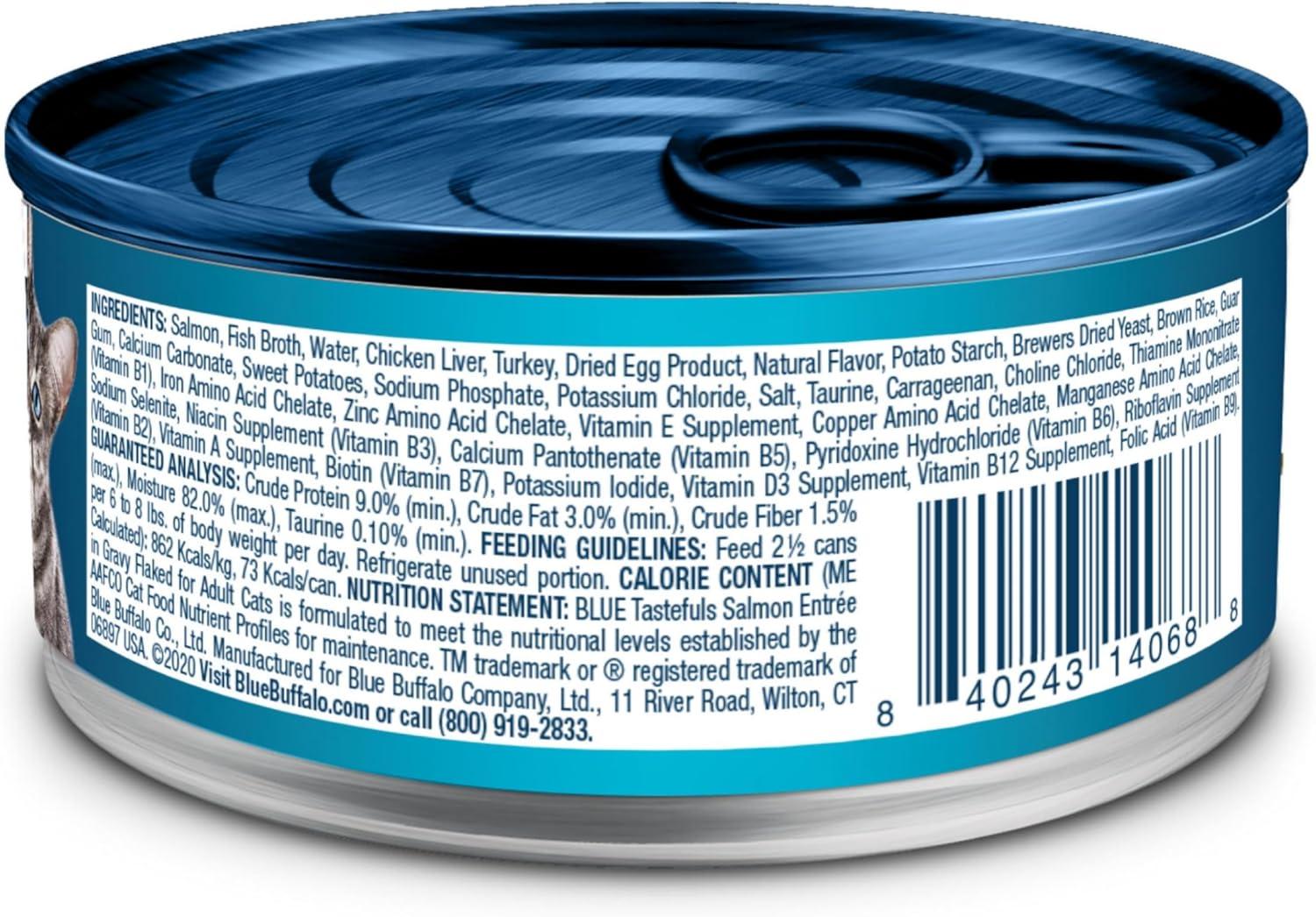 imageBlue Buffalo Tastefuls Flaked Wet Cat Food Variety Pack Made with Natural Ingredients Tuna Chicken Fish amp Shrimp 3oz Cans 12 Count 4 of EachSalmon