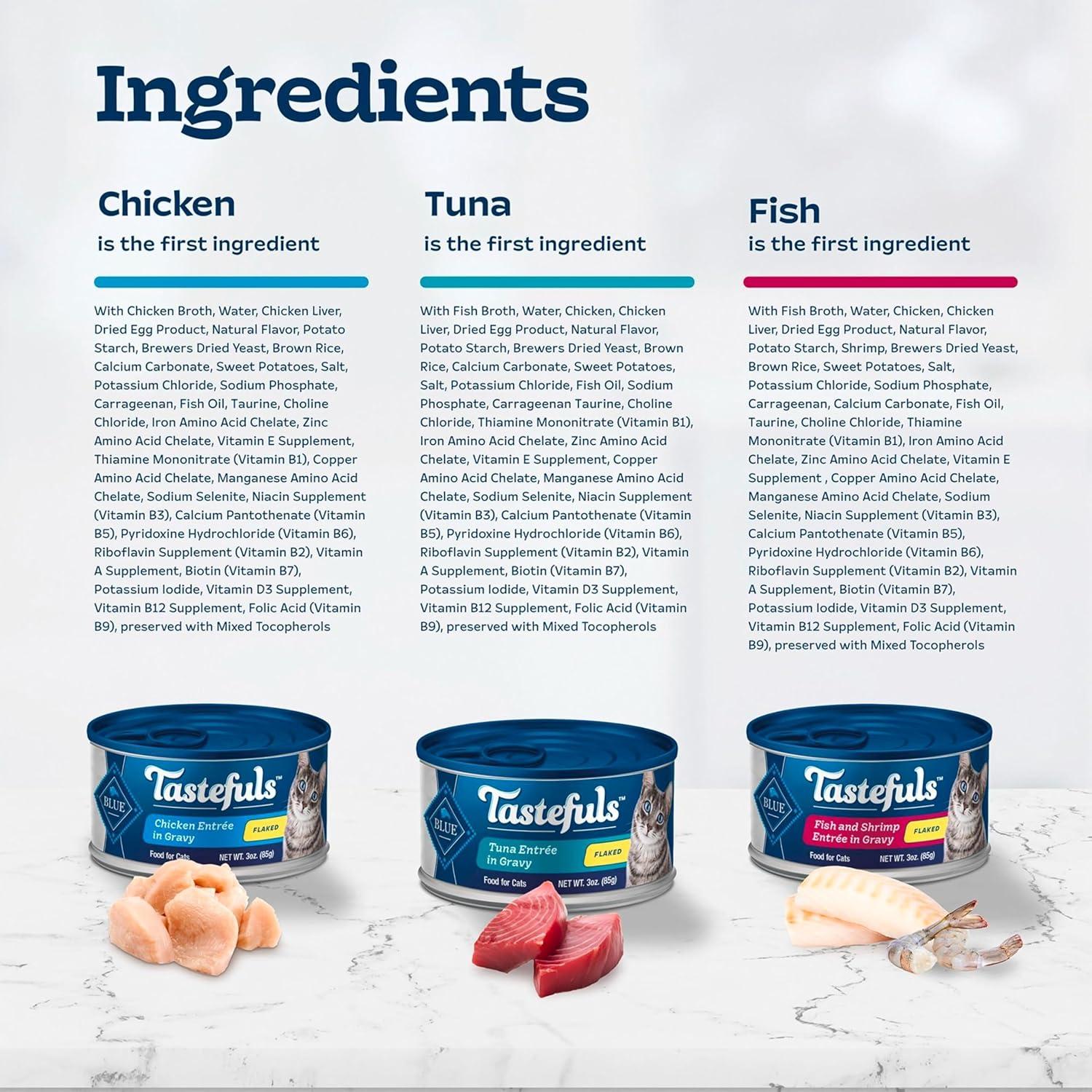 imageBlue Buffalo Tastefuls Flaked Wet Cat Food Variety Pack Made with Natural Ingredients Tuna Chicken Fish amp Shrimp 3oz Cans 12 Count 4 of EachVariety Pack Tuna Chicken Fish Shrimp