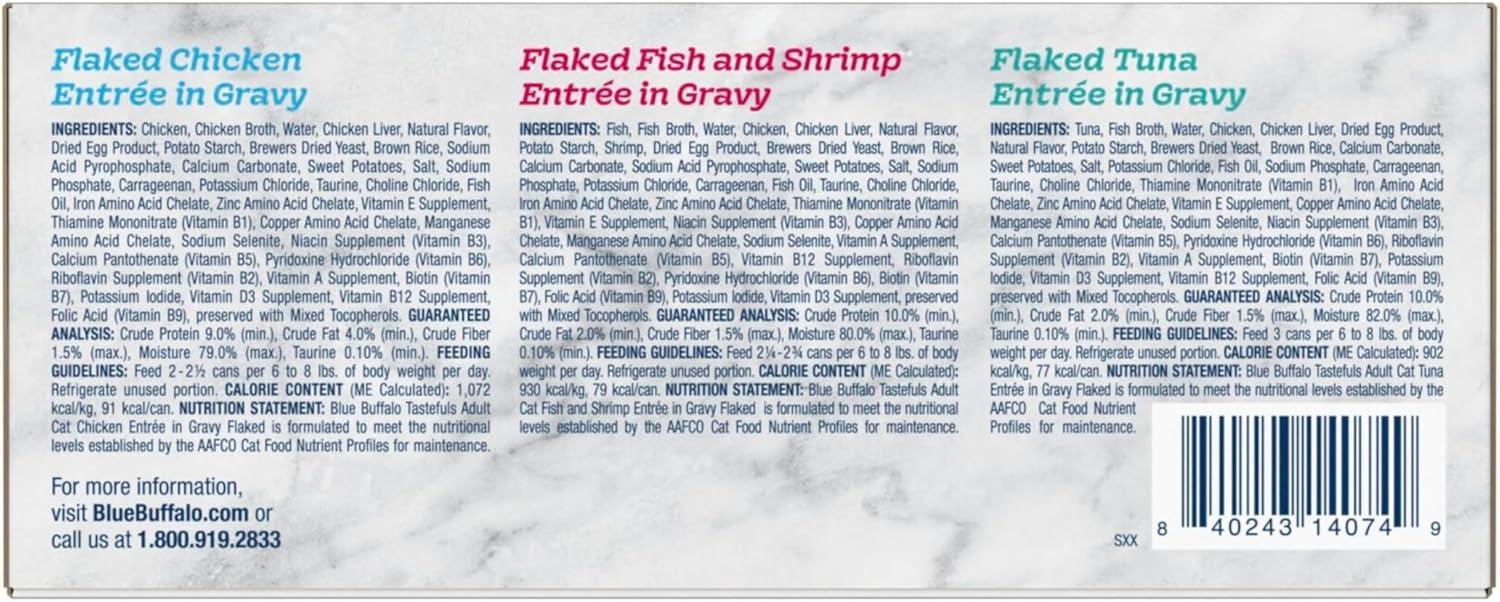 imageBlue Buffalo Tastefuls Flaked Wet Cat Food Variety Pack Made with Natural Ingredients Tuna Chicken Fish amp Shrimp 3oz Cans 12 Count 4 of EachVariety Pack Tuna Chicken Fish Shrimp