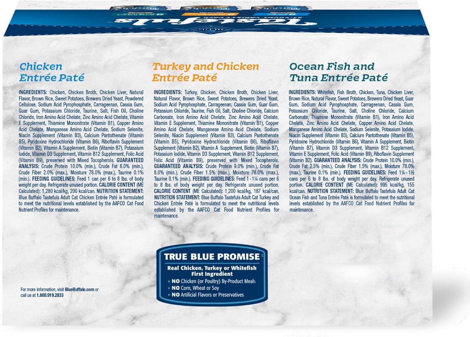 imageBlue Buffalo Tastefuls Wet Cat Food Pat Variety Pack Chicken Turkey amp Chicken Ocean Fish amp Tuna 55 oz Cans 12 CountChicken Turkey Chicken Ocean Fish Tuna