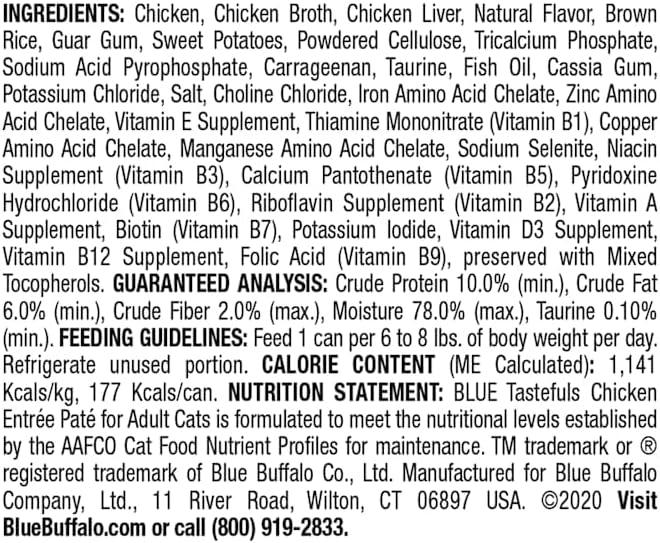 imageBlue Buffalo Tastefuls Wet Cat Food Pat Variety Pack Chicken Turkey amp Chicken Ocean Fish amp Tuna 55 oz Cans 12 CountChicken