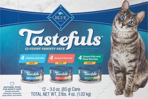 imageBlue Buffalo Tastefuls Wet Cat Food Pat Variety Pack Chicken Turkey amp Chicken Ocean Fish amp Tuna 55 oz Cans 12 CountSalmon Chicken Ocean Fish Tuna