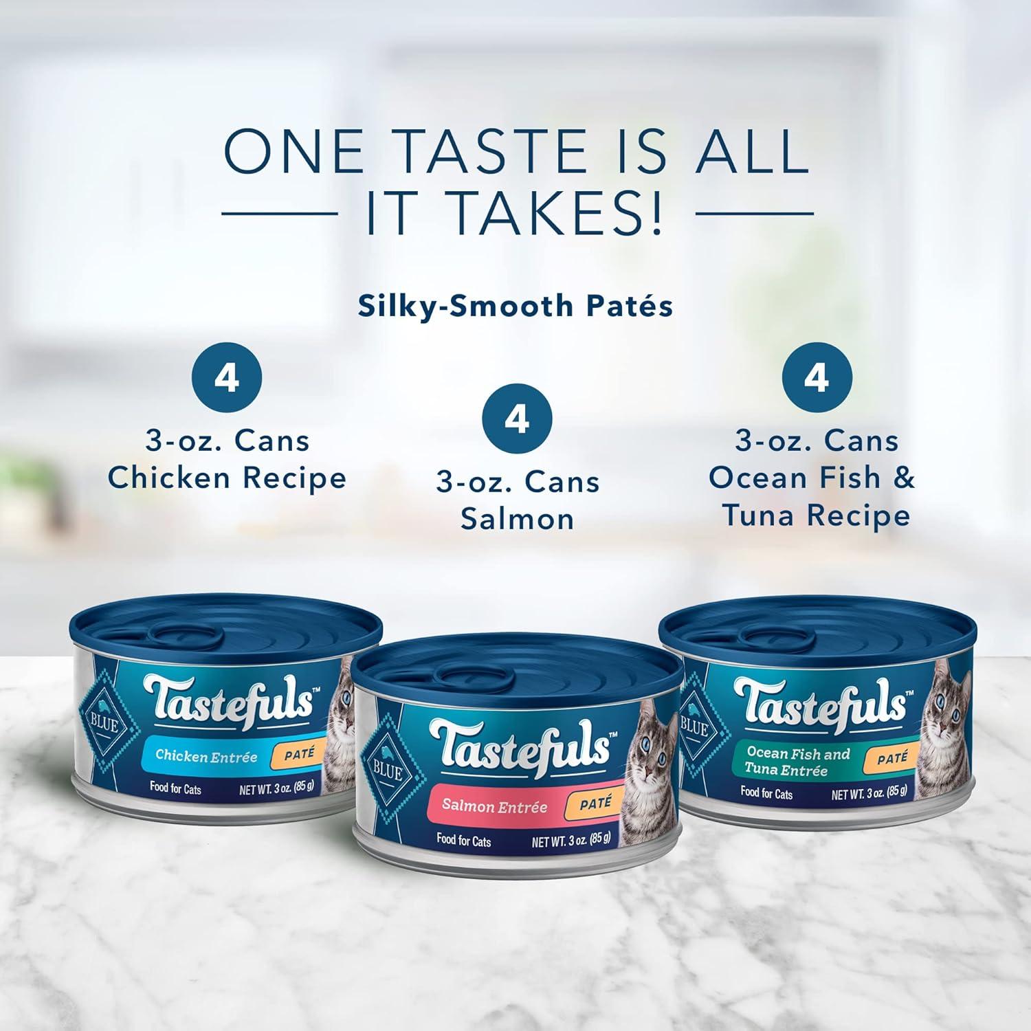 imageBlue Buffalo Tastefuls Wet Cat Food Pat Variety Pack Chicken Turkey amp Chicken Ocean Fish amp Tuna 55 oz Cans 12 CountSalmon Chicken Ocean Fish Tuna
