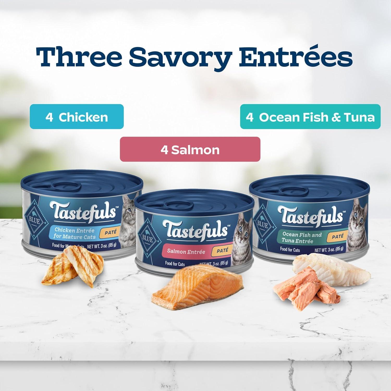 imageBlue Buffalo Tastefuls Wet Cat Food Pat Variety Pack Chicken Turkey amp Chicken Ocean Fish amp Tuna 55 oz Cans 12 CountSalmon Chicken Ocean Fish Tuna