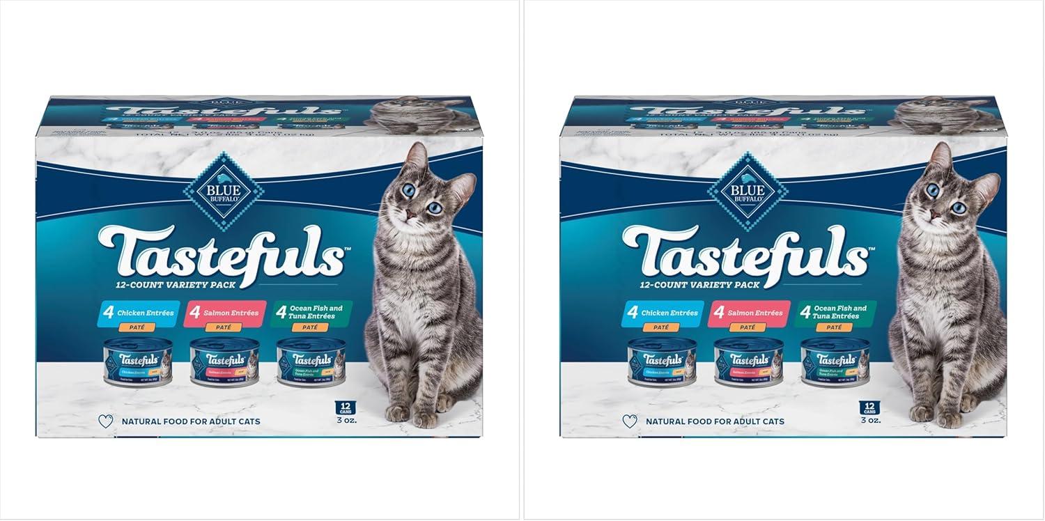 imageBlue Buffalo Tastefuls Wet Cat Food Pat Variety Pack Chicken Turkey amp Chicken Ocean Fish amp Tuna 55 oz Cans 12 CountSalmon Chicken Ocean Fish Tuna