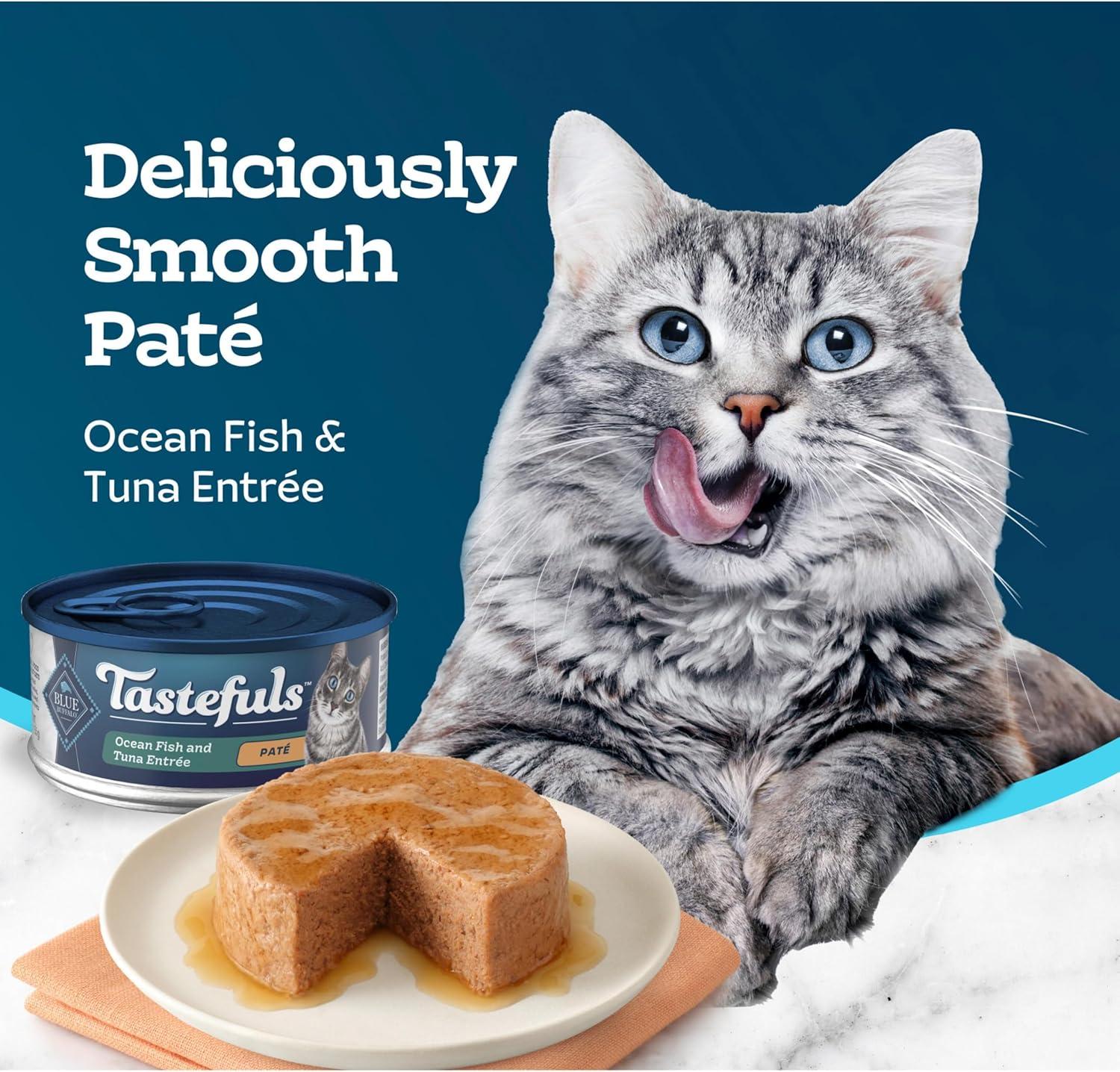 imageBlue Buffalo Tastefuls Wet Cat Food Pat Variety Pack Made with Natural Ingredients Chicken Turkey amp Chicken Ocean Fish amp Tuna Entres 55oz Cans 24 Count 8 of EachOcean Fish Tuna