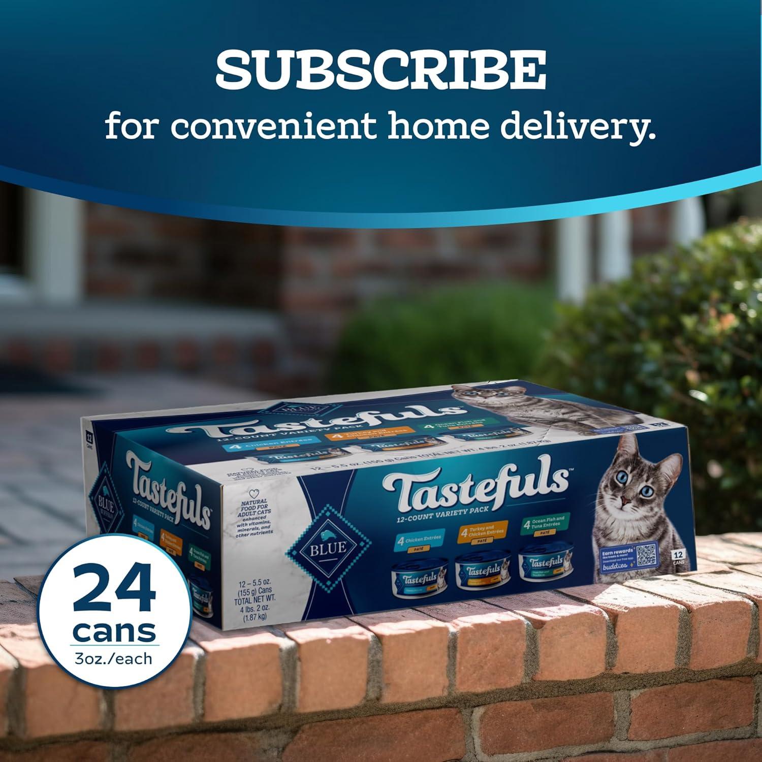 imageBlue Buffalo Tastefuls Wet Cat Food Pat Variety Pack Made with Natural Ingredients Chicken Turkey amp Chicken Ocean Fish amp Tuna Entres 55oz Cans 24 Count 8 of EachChicken Turkey Chicken Ocean Fish Tuna Variety Pack