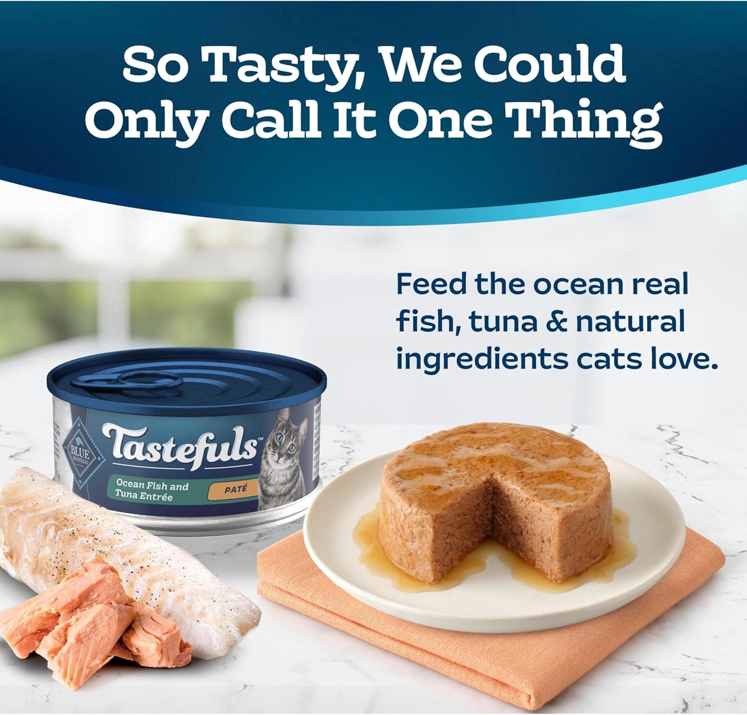 imageBlue Buffalo Tastefuls Wet Cat Food Pat Variety Pack Made with Natural Ingredients Chicken Turkey amp Chicken Ocean Fish amp Tuna Entres 55oz Cans 24 Count 8 of EachOcean Fish Tuna