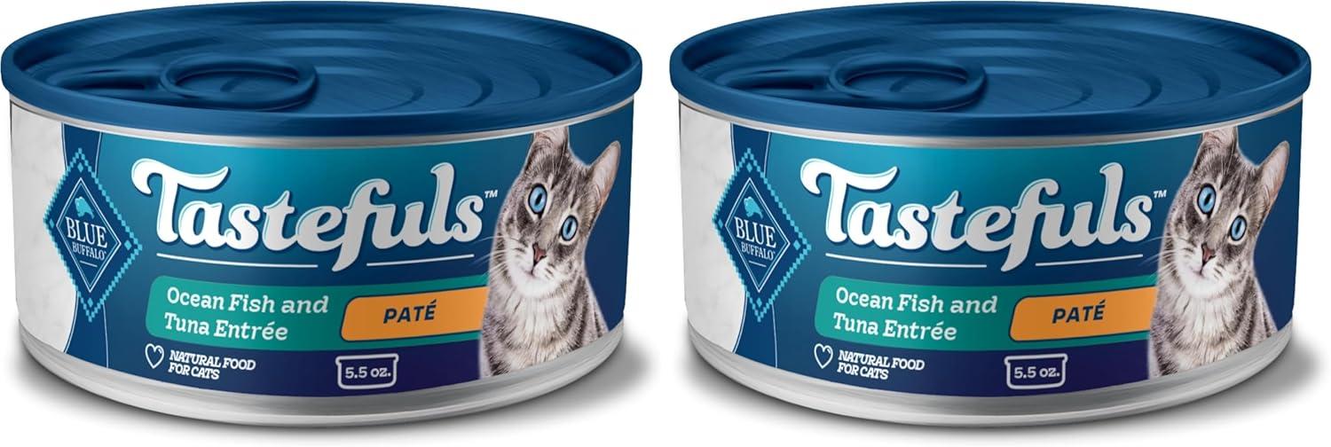 imageBlue Buffalo Tastefuls Wet Cat Food Pat Variety Pack Made with Natural Ingredients Chicken Turkey amp Chicken Ocean Fish amp Tuna Entres 55oz Cans 24 Count 8 of EachOcean Fish Tuna