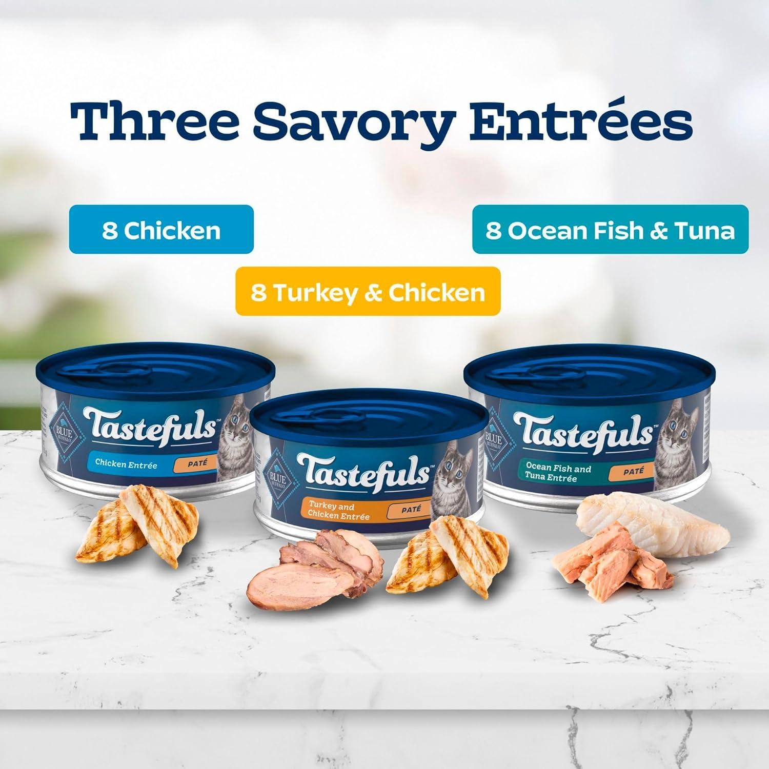 imageBlue Buffalo Tastefuls Wet Cat Food Pat Variety Pack Made with Natural Ingredients Chicken Turkey amp Chicken Ocean Fish amp Tuna Entres 55oz Cans 24 Count 8 of EachChicken Turkey Chicken Ocean Fish Tuna Variety Pack