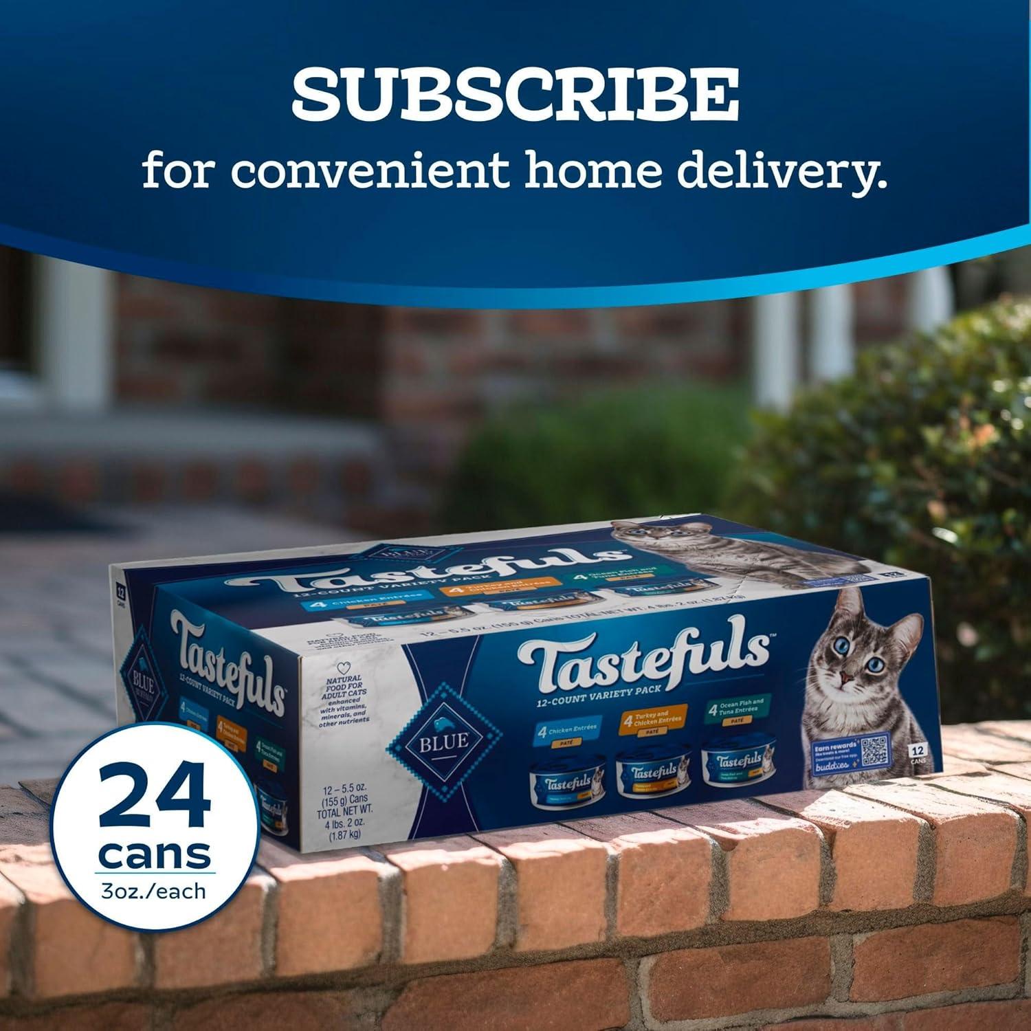 imageBlue Buffalo Tastefuls Wet Cat Food Pat Variety Pack Made with Natural Ingredients Chicken Turkey amp Chicken Ocean Fish amp Tuna Entres 55oz Cans 24 Count 8 of EachChicken Turkey Chicken Ocean Fish Tuna Variety Pack