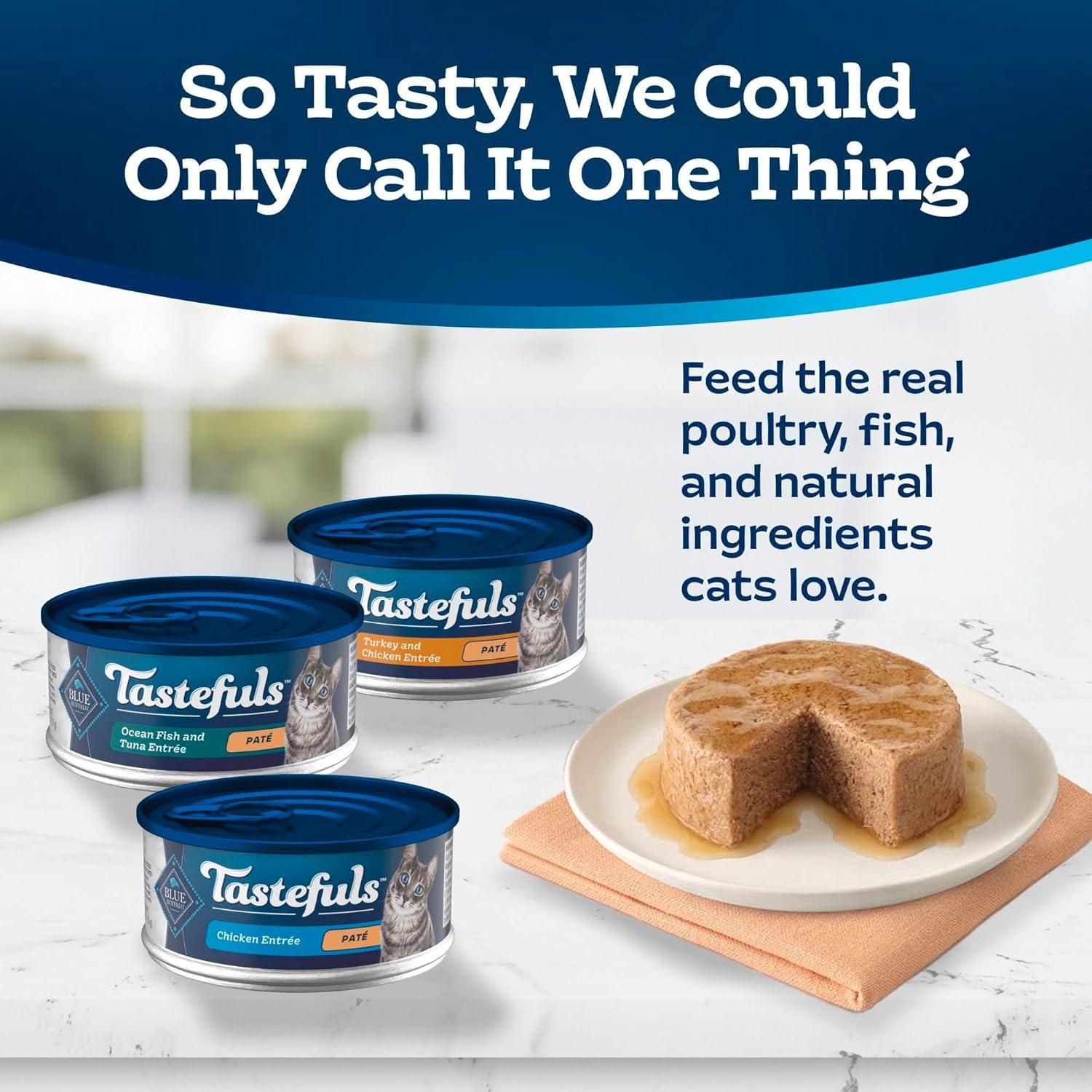imageBlue Buffalo Tastefuls Wet Cat Food Pat Variety Pack Made with Natural Ingredients Chicken Turkey amp Chicken Ocean Fish amp Tuna Entres 55oz Cans 24 Count 8 of EachChicken Turkey Chicken Ocean Fish Tuna Variety Pack