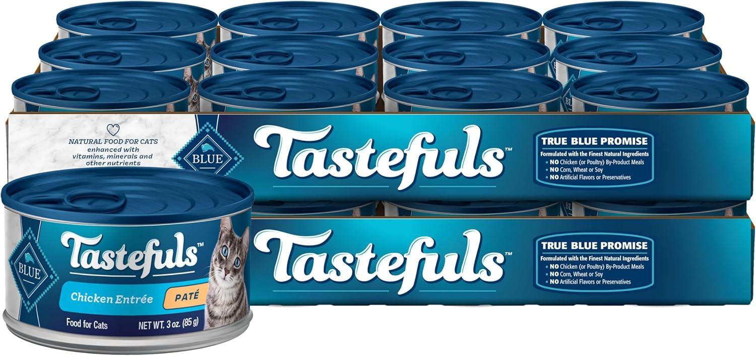 imageBlue Buffalo Tastefuls Wet Cat Food Pat Variety Pack Made with Natural Ingredients Chicken Turkey amp Chicken Ocean Fish amp Tuna Entres 55oz Cans 24 Count 8 of EachChicken