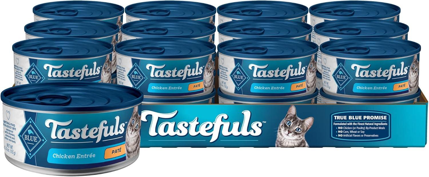 imageBlue Buffalo Tastefuls Wet Cat Food Pat Variety Pack Made with Natural Ingredients Chicken Turkey amp Chicken Ocean Fish amp Tuna Entres 55oz Cans 24 Count 8 of EachChicken