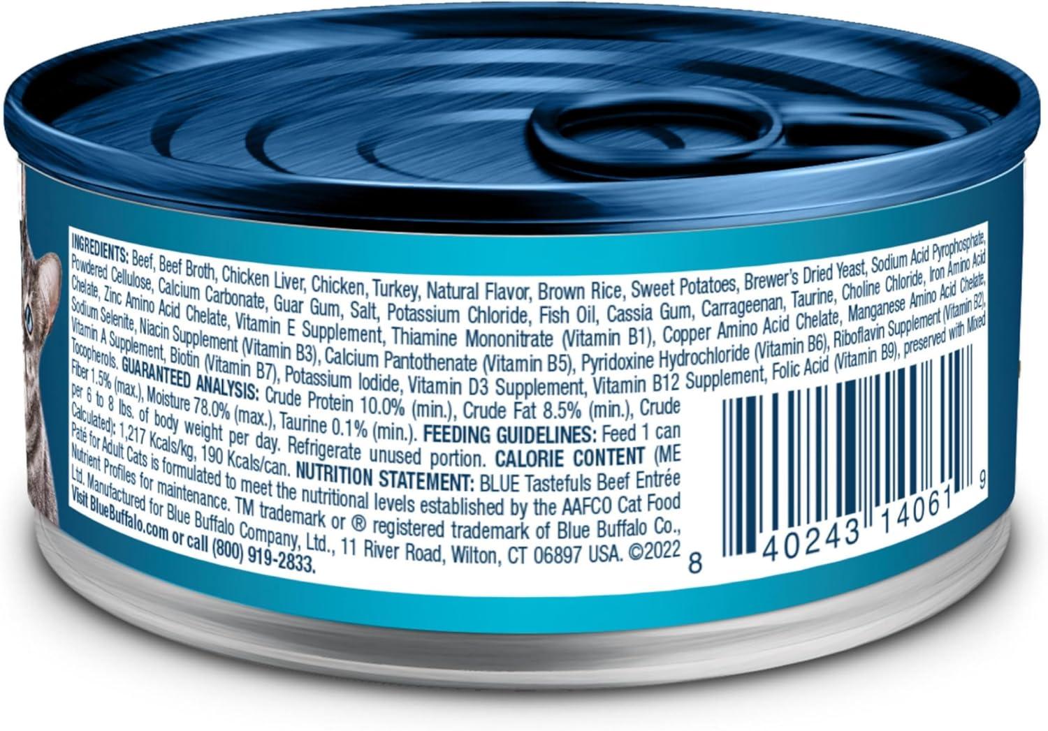 imageBlue Buffalo Tastefuls Wet Cat Food Pat Variety Pack Made with Natural Ingredients Chicken Turkey amp Chicken Ocean Fish amp Tuna Entres 55oz Cans 24 Count 8 of EachBeef