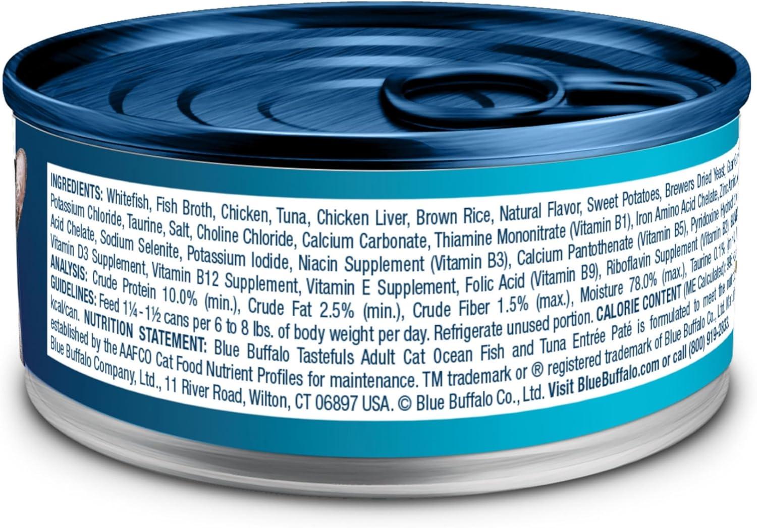 imageBlue Buffalo Tastefuls Wet Cat Food Pat Variety Pack Made with Natural Ingredients Chicken Turkey amp Chicken Ocean Fish amp Tuna Entres 55oz Cans 24 Count 8 of EachOcean Fish Tuna