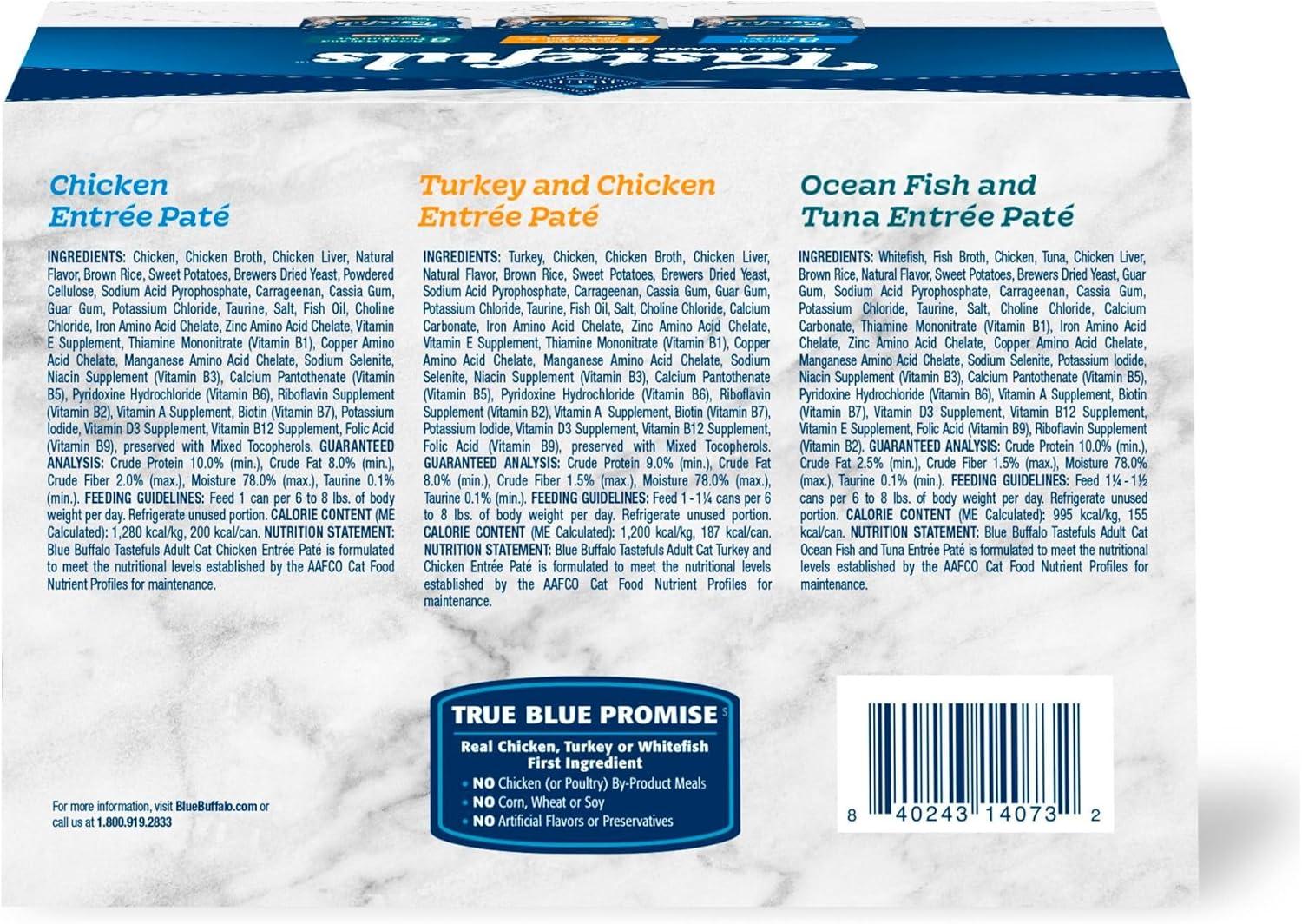 imageBlue Buffalo Tastefuls Wet Cat Food Pat Variety Pack Made with Natural Ingredients Chicken Turkey amp Chicken Ocean Fish amp Tuna Entres 55oz Cans 24 Count 8 of EachChicken Turkey Chicken Ocean Fish Tuna Variety Pack