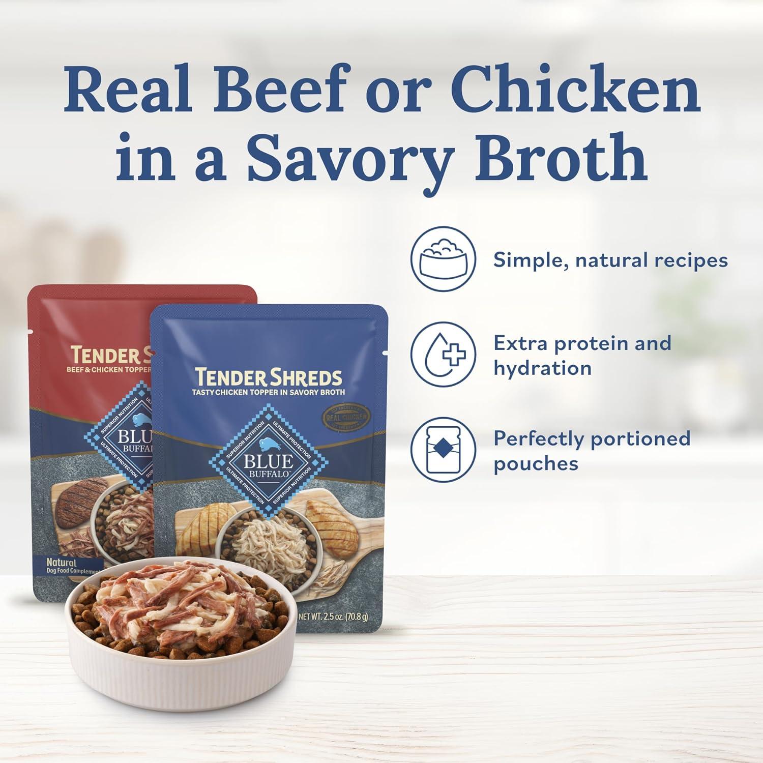 imageBlue Buffalo Tender Shreds Tasty Chicken Topper and Beef amp Chicken Topper Natural Dog Food Complement 25oz Pouch 12Count Variety PackBeef Chicken