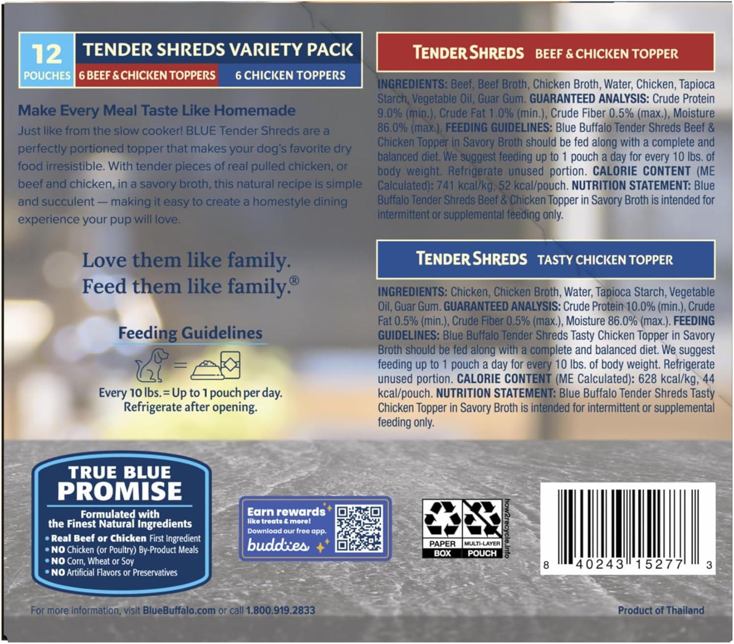 imageBlue Buffalo Tender Shreds Tasty Chicken Topper and Beef amp Chicken Topper Natural Dog Food Complement 25oz Pouch 12Count Variety PackBeef Chicken
