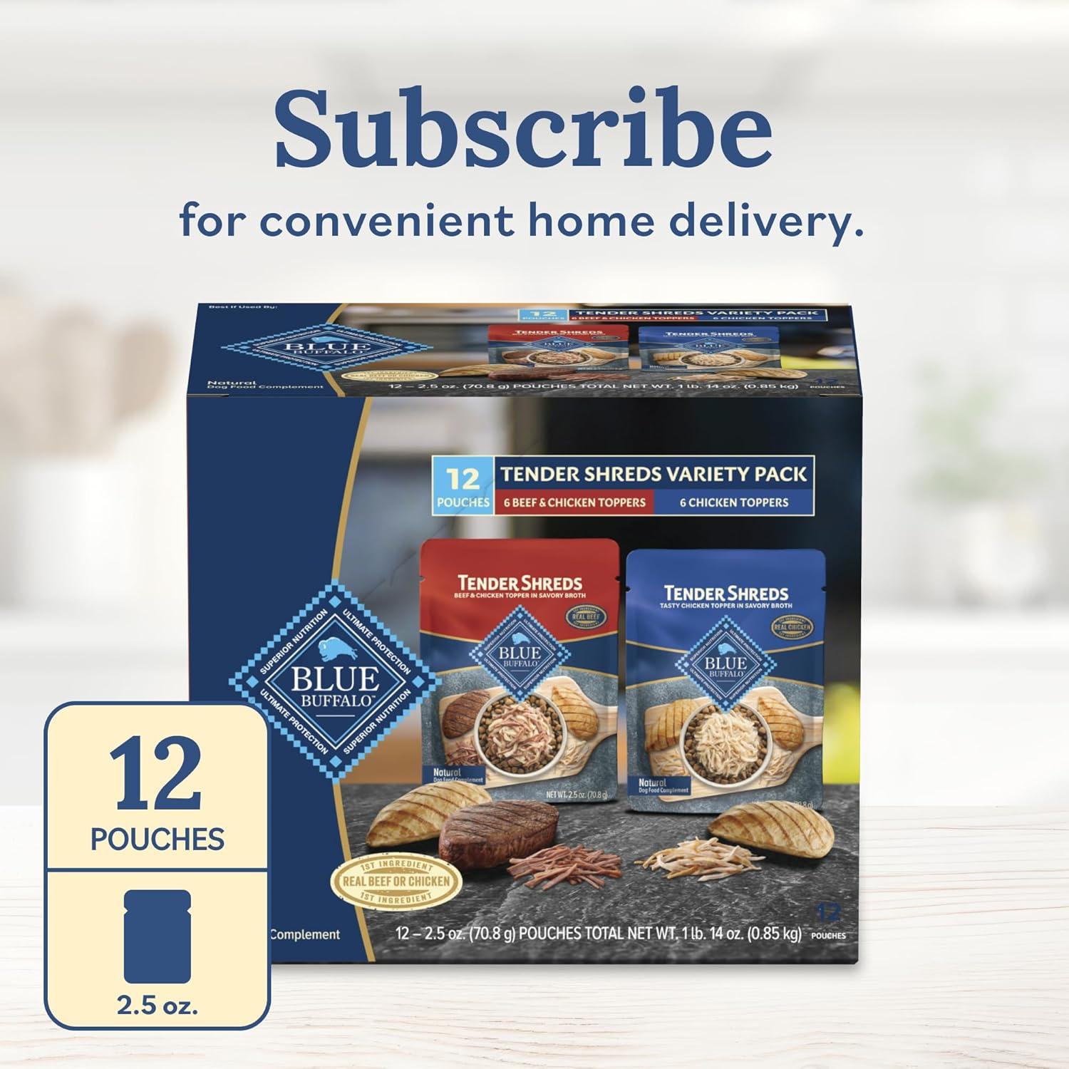 imageBlue Buffalo Tender Shreds Tasty Chicken Topper and Beef amp Chicken Topper Natural Dog Food Complement 25oz Pouch 12Count Variety PackBeef Chicken