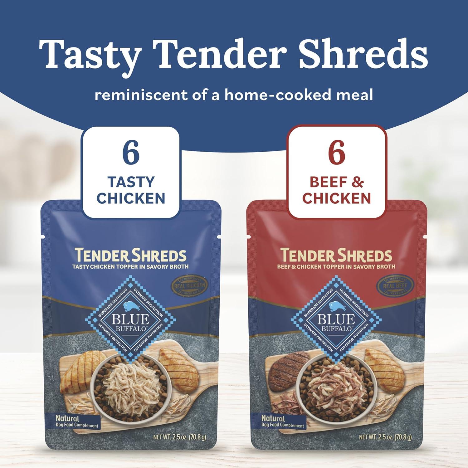 imageBlue Buffalo Tender Shreds Tasty Chicken Topper and Beef amp Chicken Topper Natural Dog Food Complement 25oz Pouch 12Count Variety PackBeef Chicken