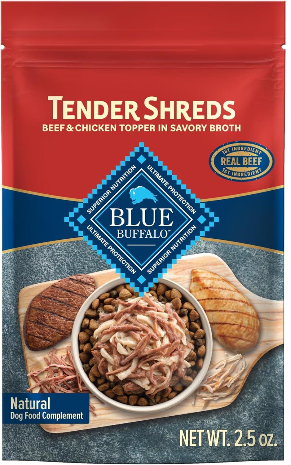 imageBlue Buffalo Tender Shreds Tasty Chicken Topper and Beef amp Chicken Topper Natural Dog Food Complement 25oz Pouch 12Count Variety PackBeef Chicken
