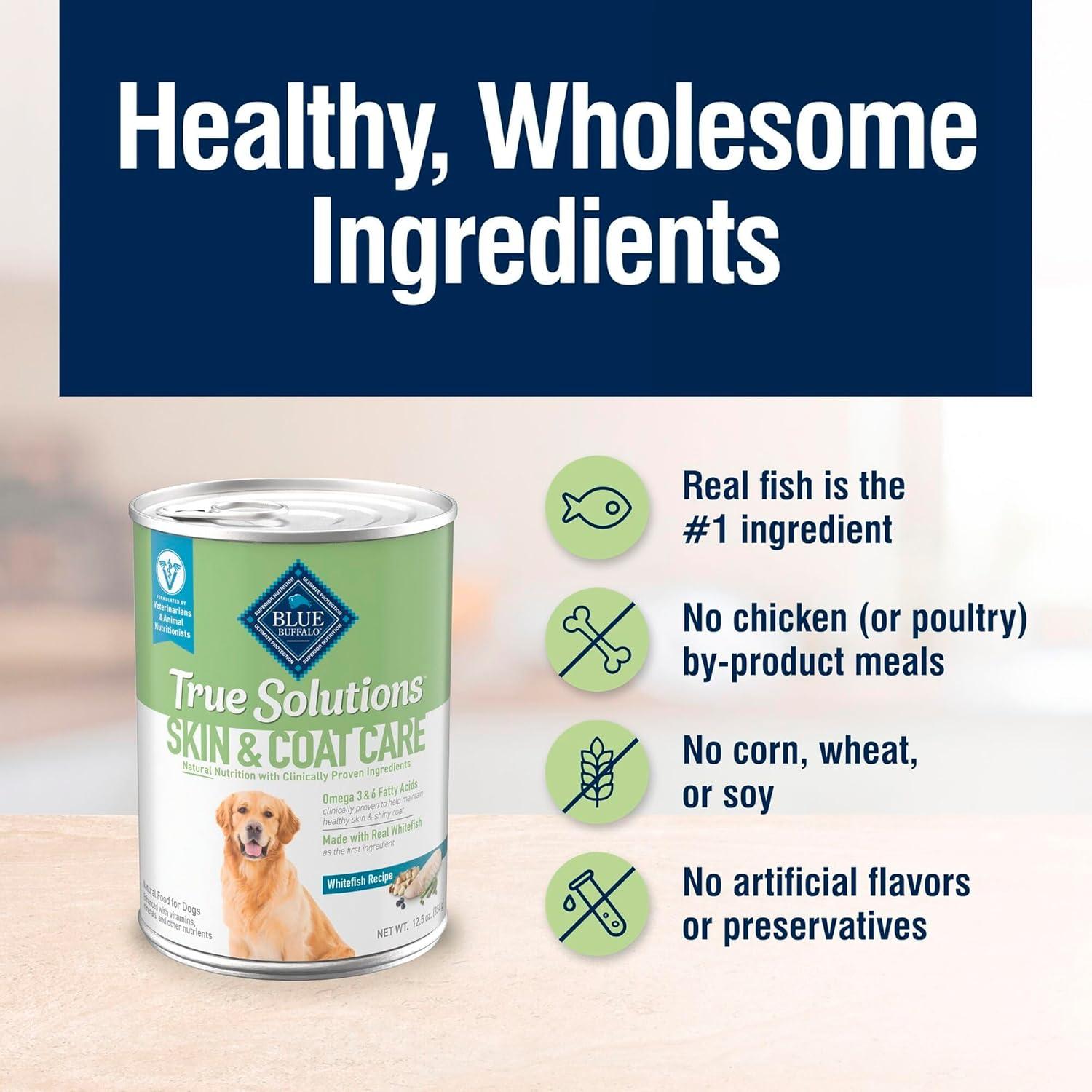 imageBlue Buffalo True Solutions Skin amp Coat Care Wet Dog Food for Adult Dogs Made with Natural Ingredients Whitefish 125oz Cans 12 Count