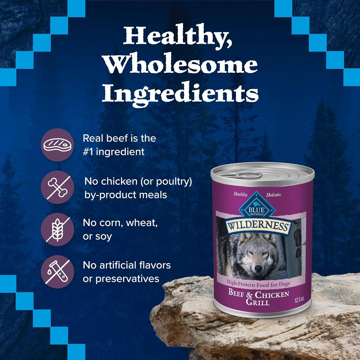 imageBlue Buffalo Wilderness Adult Wet Dog Food HighProtein amp GrainFree Made with Natural Ingredients Salmon amp Chicken Grill 125oz Cans 12 CountBeef Chicken