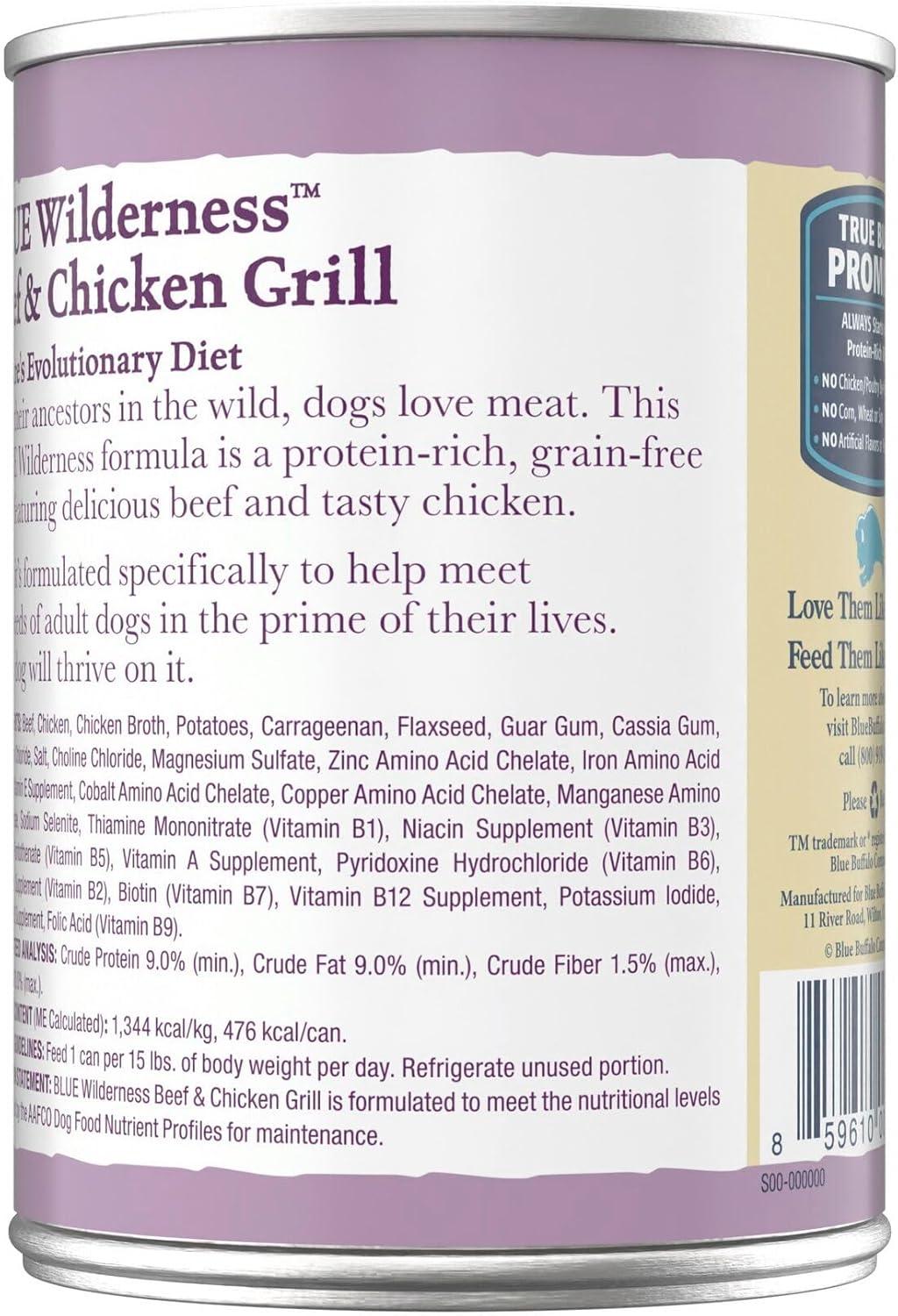 imageBlue Buffalo Wilderness Adult Wet Dog Food HighProtein amp GrainFree Made with Natural Ingredients Salmon amp Chicken Grill 125oz Cans 12 CountBeef Chicken