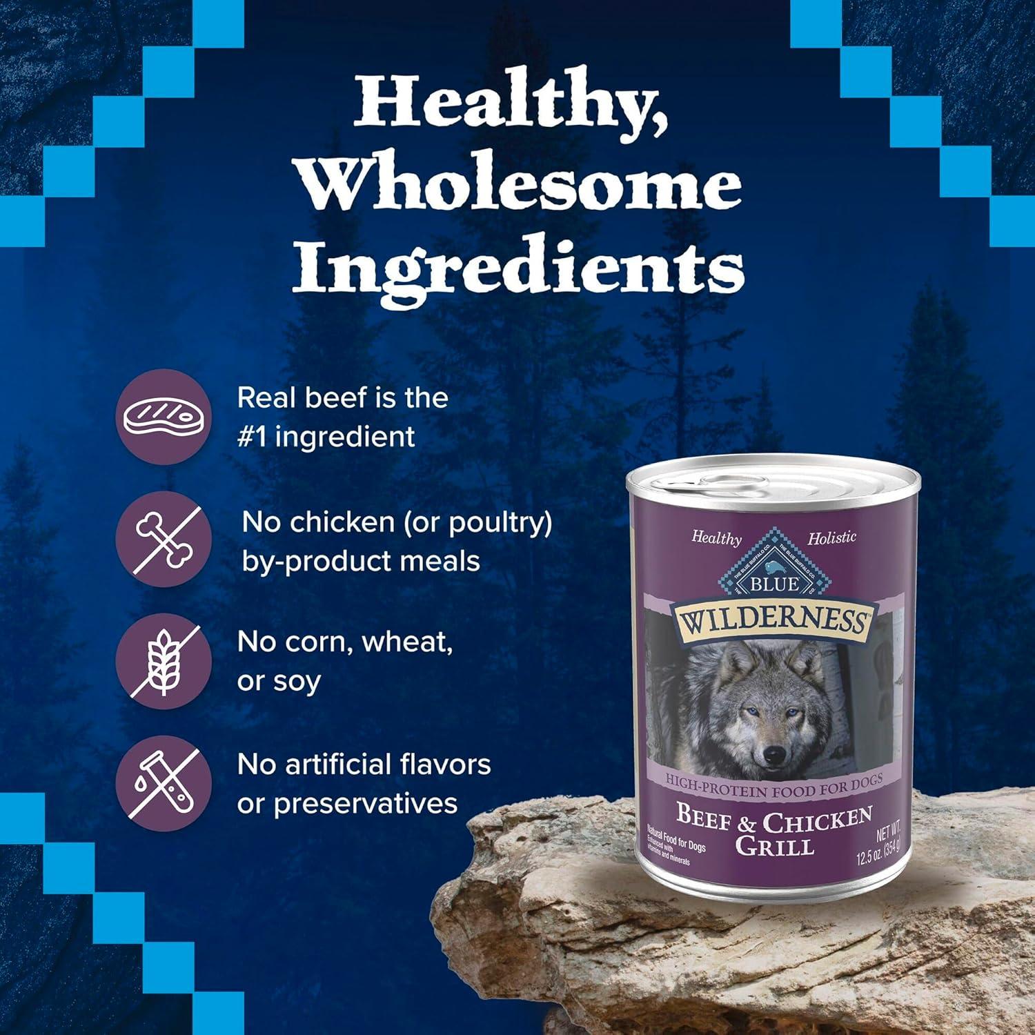 imageBlue Buffalo Wilderness Adult Wet Dog Food HighProtein amp GrainFree Made with Natural Ingredients Salmon amp Chicken Grill 125oz Cans 12 CountBeef Chicken