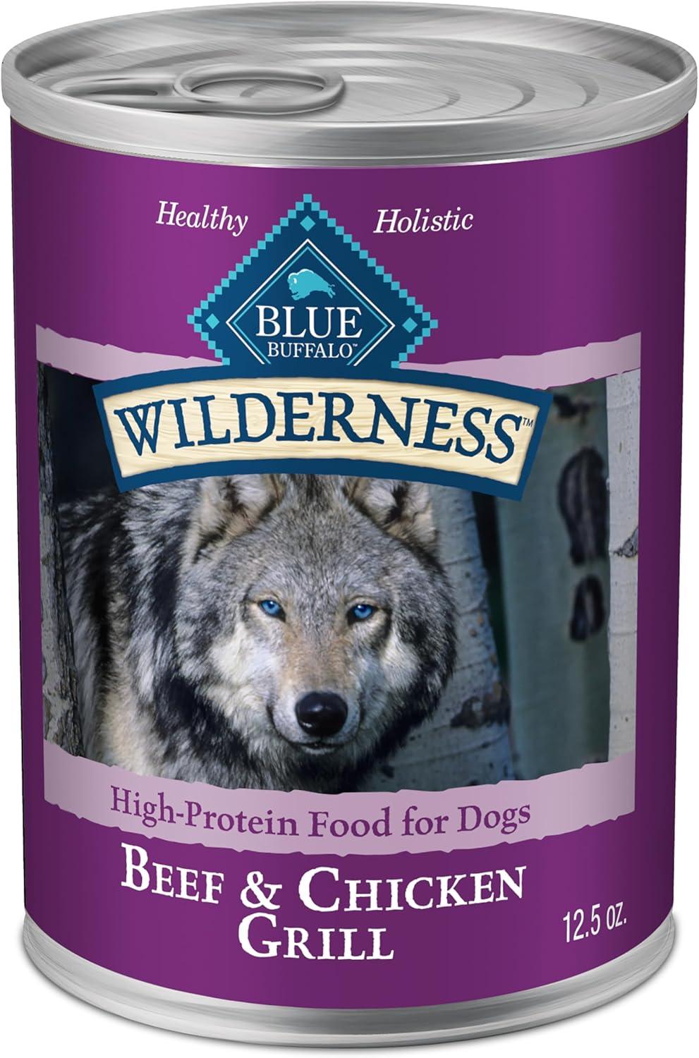 imageBlue Buffalo Wilderness Adult Wet Dog Food HighProtein amp GrainFree Made with Natural Ingredients Salmon amp Chicken Grill 125oz Cans 12 CountBeef Chicken