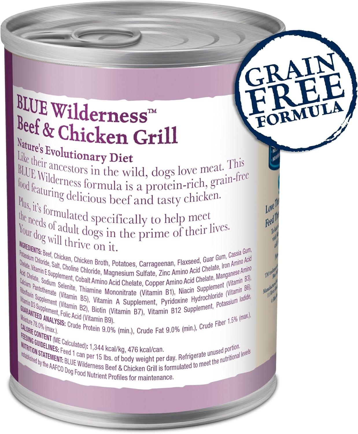 imageBlue Buffalo Wilderness Adult Wet Dog Food HighProtein amp GrainFree Made with Natural Ingredients Salmon amp Chicken Grill 125oz Cans 12 CountBeef Chicken