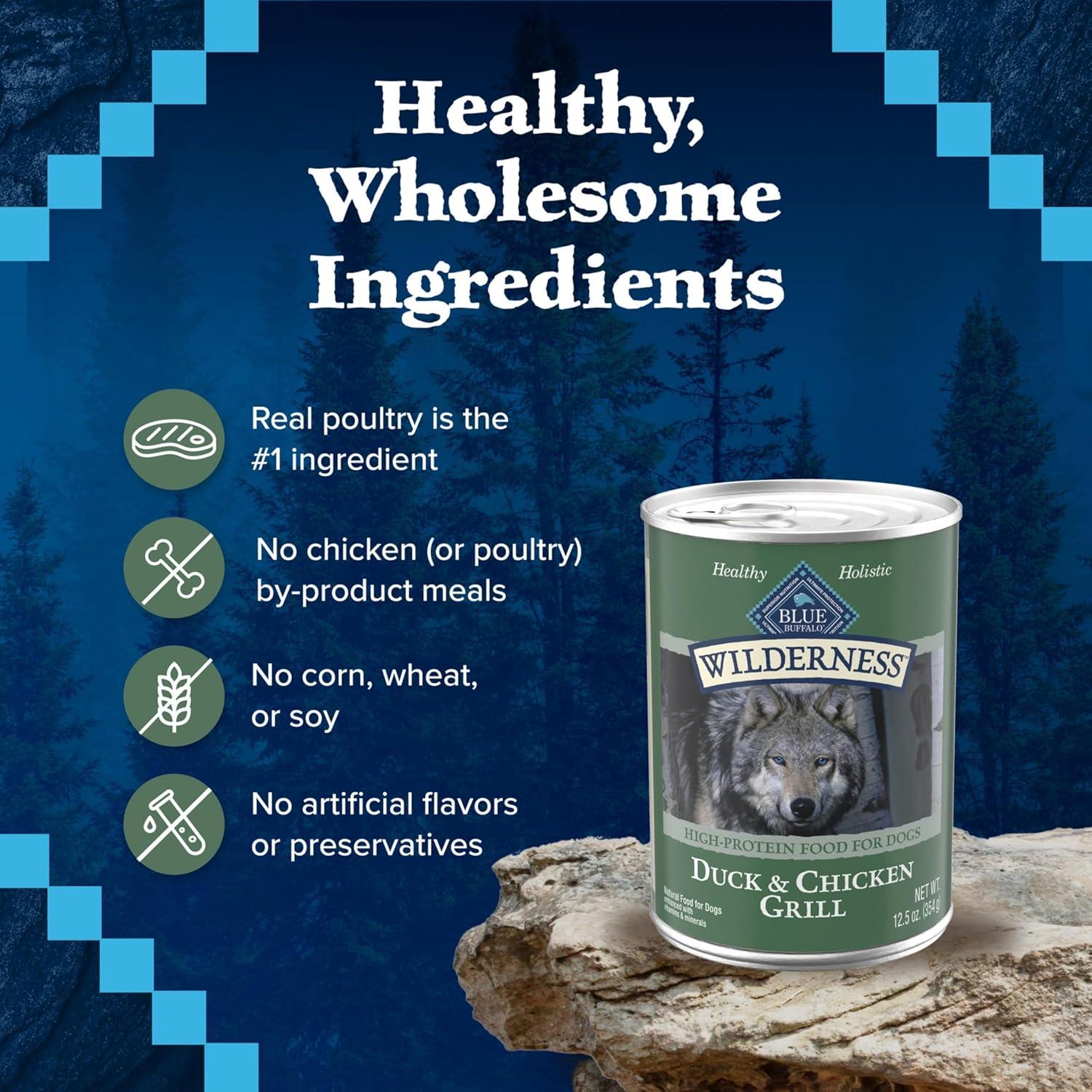 imageBlue Buffalo Wilderness Adult Wet Dog Food HighProtein amp GrainFree Made with Natural Ingredients Salmon amp Chicken Grill 125oz Cans 12 CountDuck Chicken