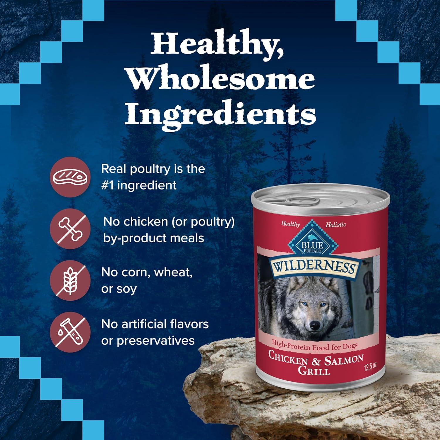 imageBlue Buffalo Wilderness Adult Wet Dog Food HighProtein amp GrainFree Made with Natural Ingredients Salmon amp Chicken Grill 125oz Cans 12 CountSalmon Chicken
