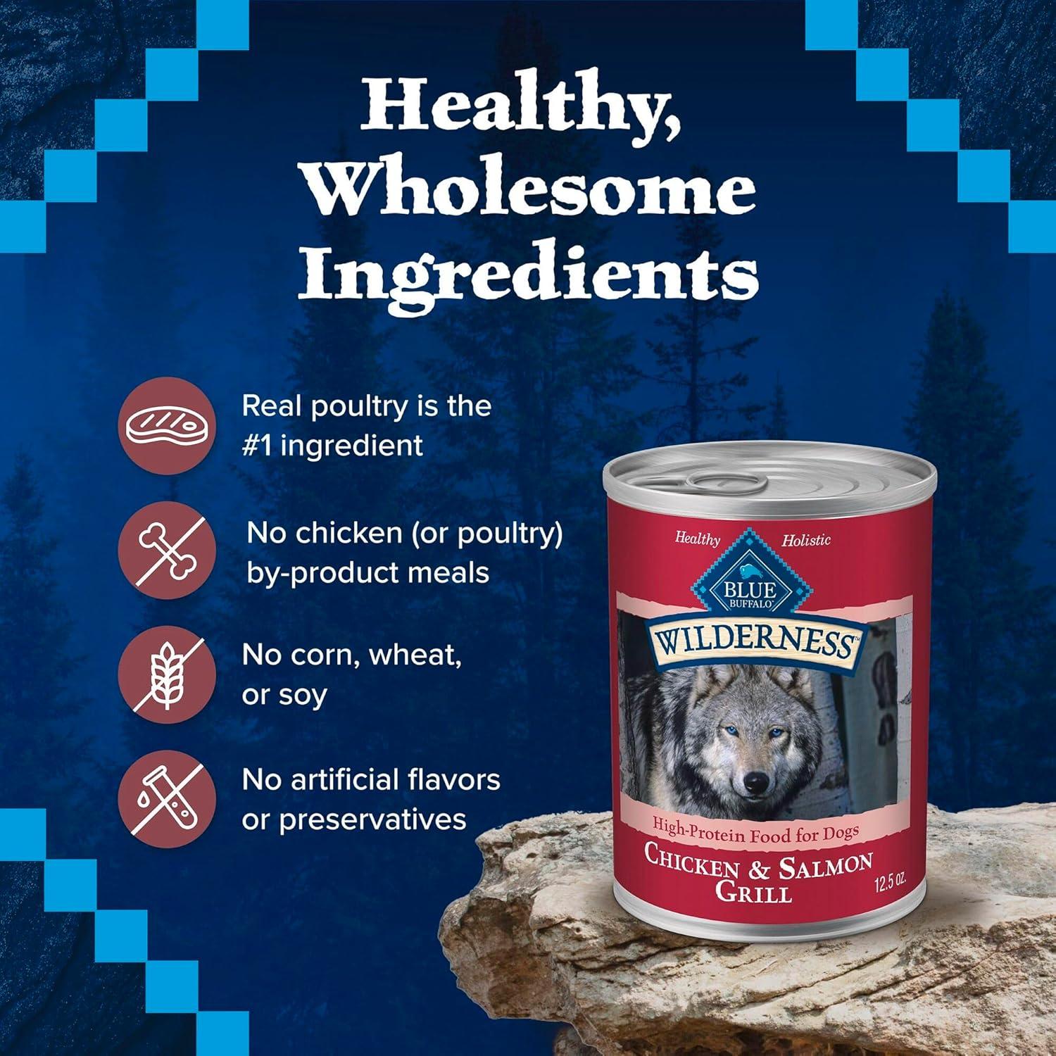 imageBlue Buffalo Wilderness Adult Wet Dog Food HighProtein amp GrainFree Made with Natural Ingredients Salmon amp Chicken Grill 125oz Cans 12 CountSalmon Chicken